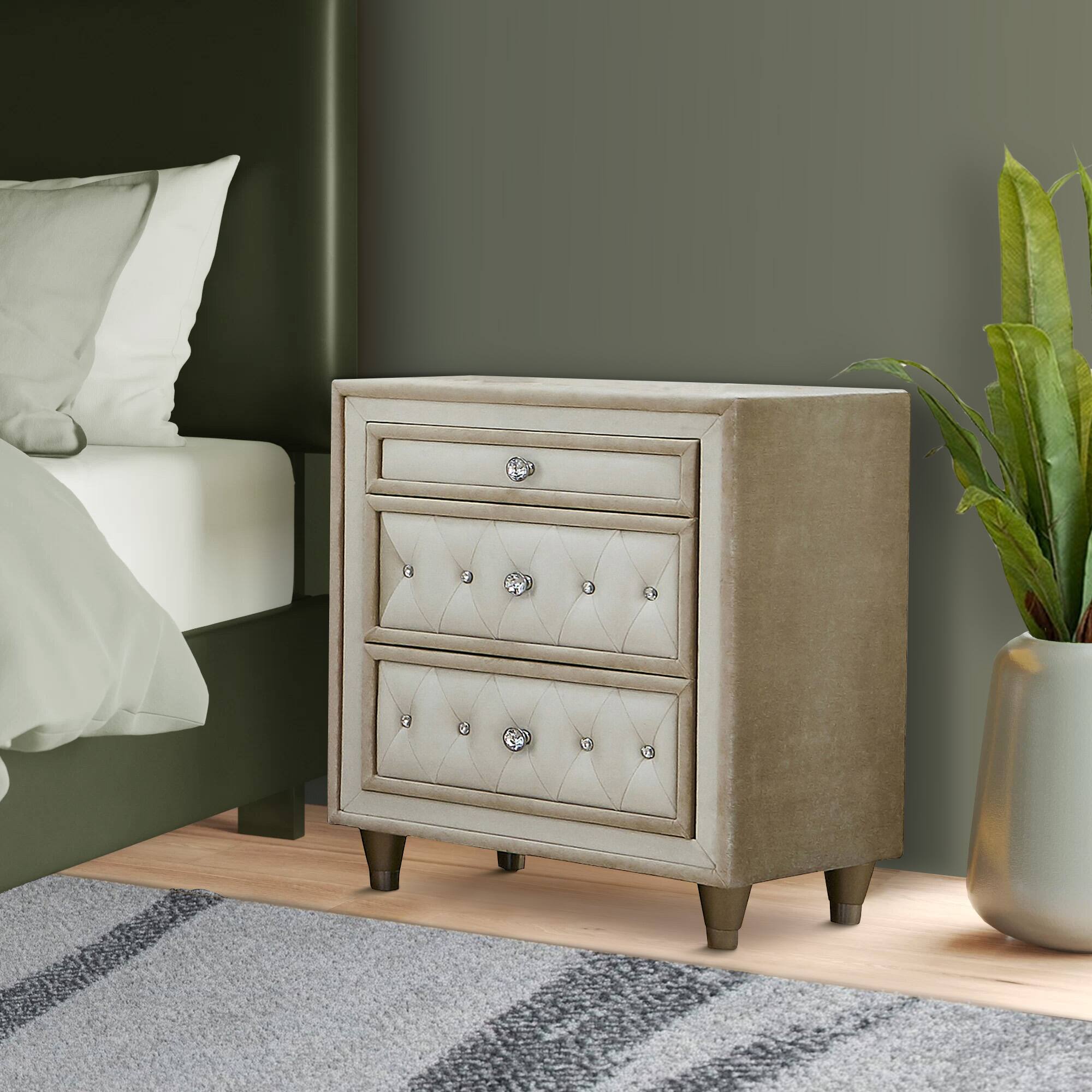 Alt View 2. Manhattan Lane - Matt 30 Inch Modern Nightstand, 3 Drawers, Velvet Tufted - Ivory and Brown.