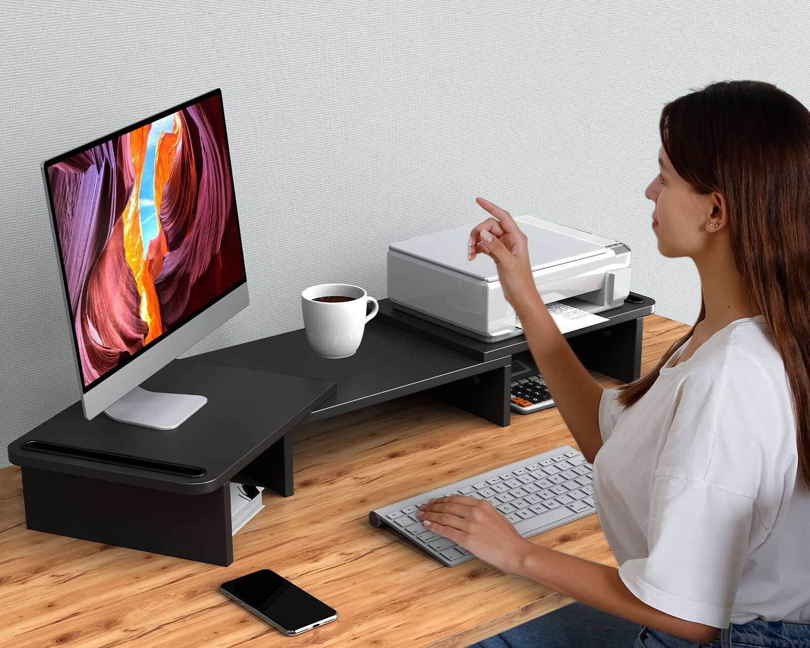 Alt View 2. Cedar Assembly - Dual Monitor Stand Riser With Adjustable Length And Angle Wood For Desk 2 Monitors Storage Space - White.