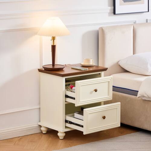 Angle. LUCKY ONE - 22.9" Mid Century Nightstand with Charging Station 2 Drawers USB - Brown+White.