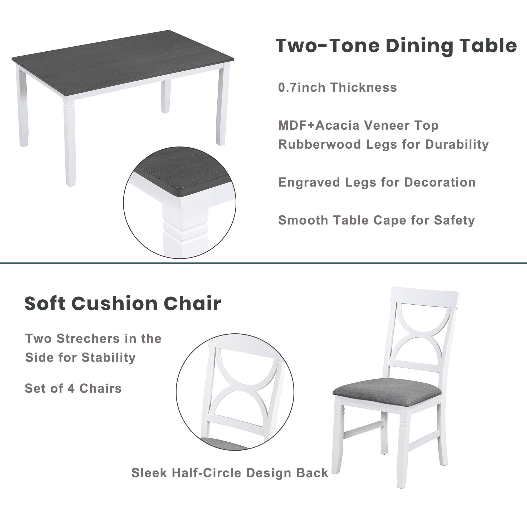 Loheer Farmhouse Dining Set for Six, 60 Inch Rectangular Table with ...