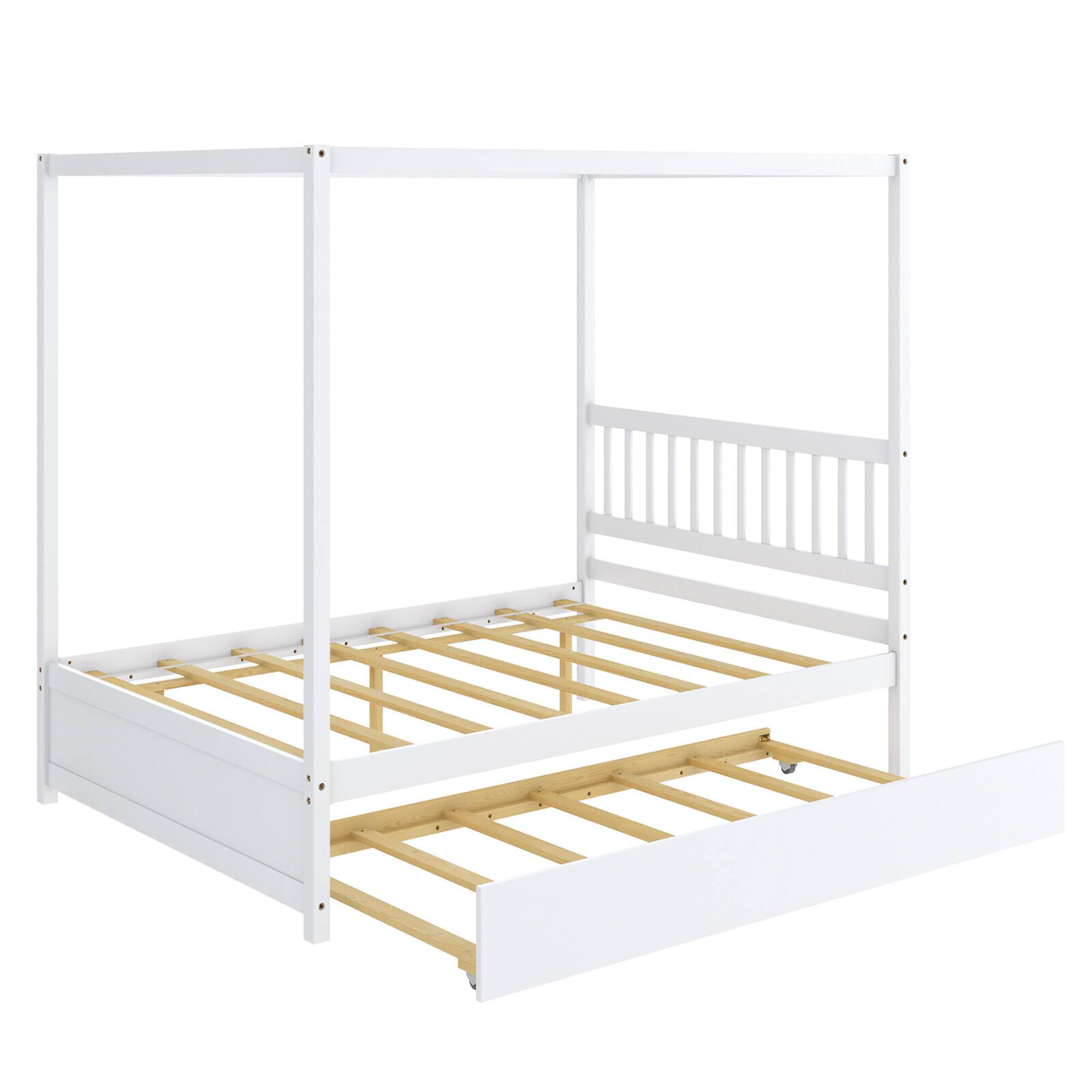 Alt View 8. Gymax - Gymax Full Size Canopy Bed with Trundle Wooden Platform Bed Frame Headboard White - White.