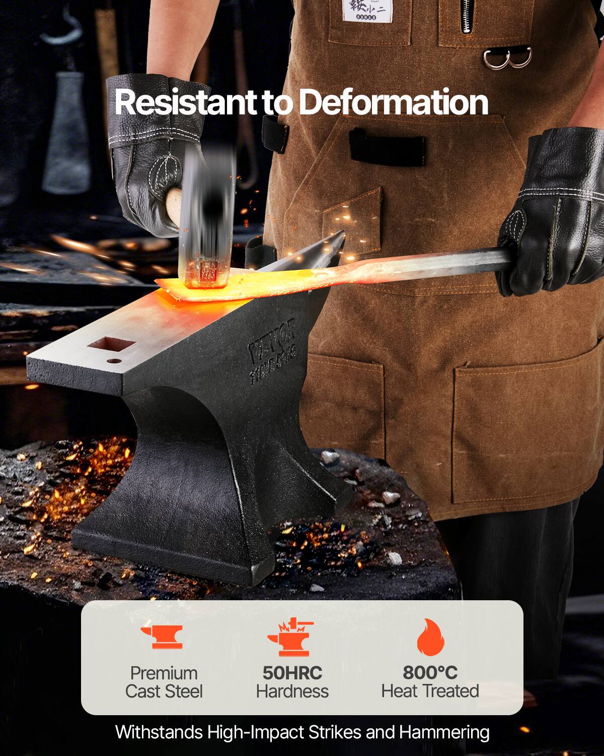 Resistant to Deformation

Premium Cast Steel  
50HRC Hardness  
800°C Heat Treated  
Withstands High-Impact Strikes and Hammering