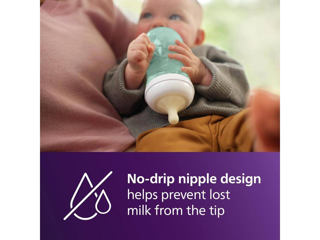 No-drip nipple design helps prevent lost milk from the tip