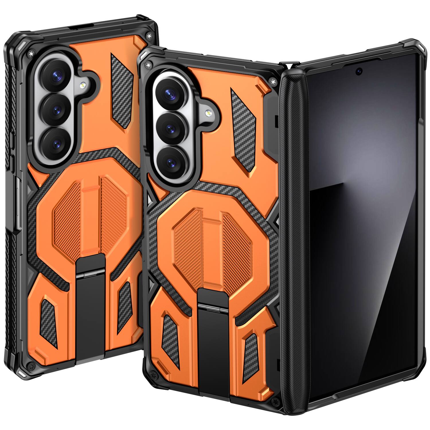 Angle. Dteck - Heavy Duty Rugged Magnetic Case For Samsung Galaxy Z Fold8 Ultra, Foldable Kickstand Shockproof Hinge Protection Cover - Orange.
