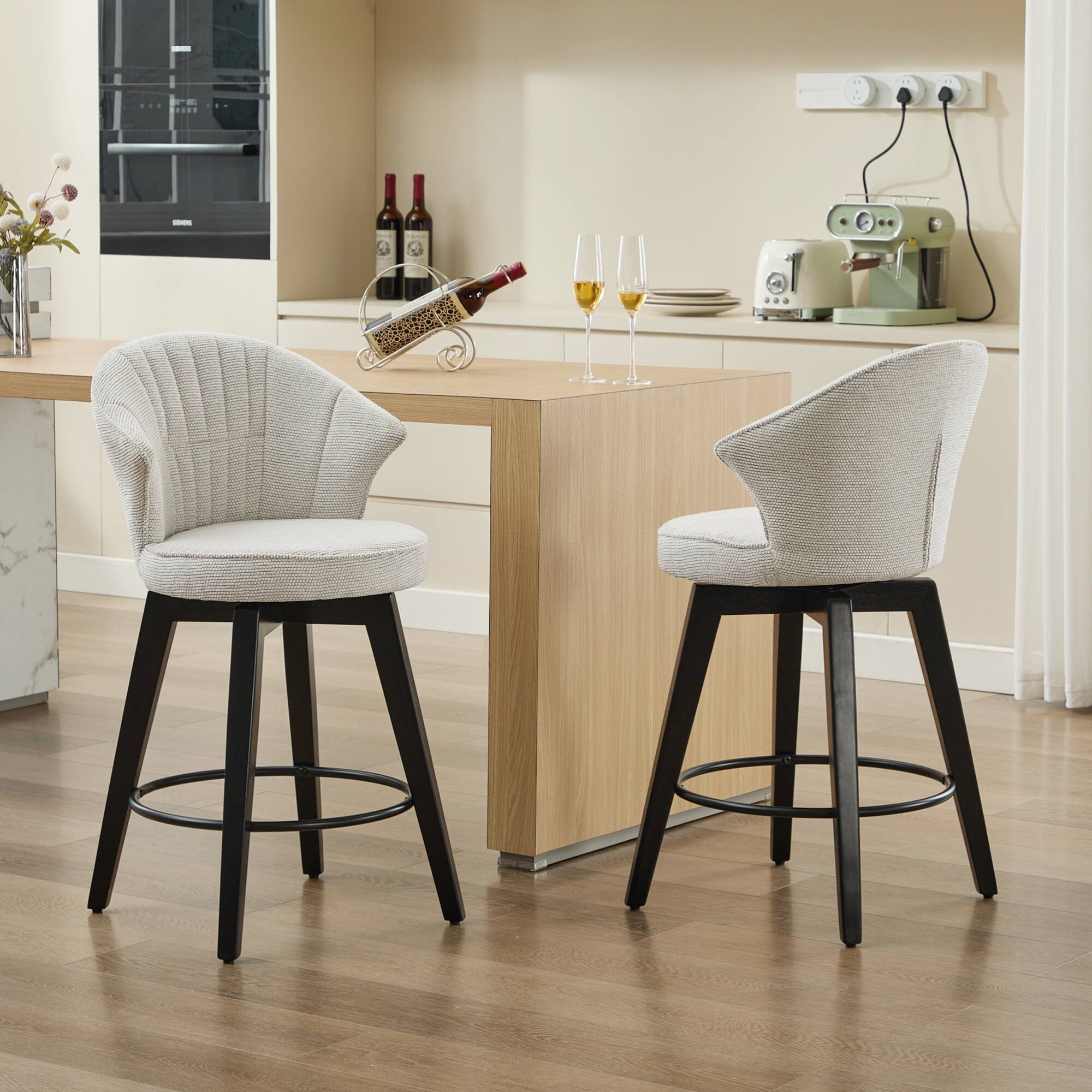 Alt View 4. GOODSILO - Set of 2 Wing Back Swivel Bar Stools - Adjustable Counter Height Stools with Solid Wood Legs & Plush Upholstery - White.