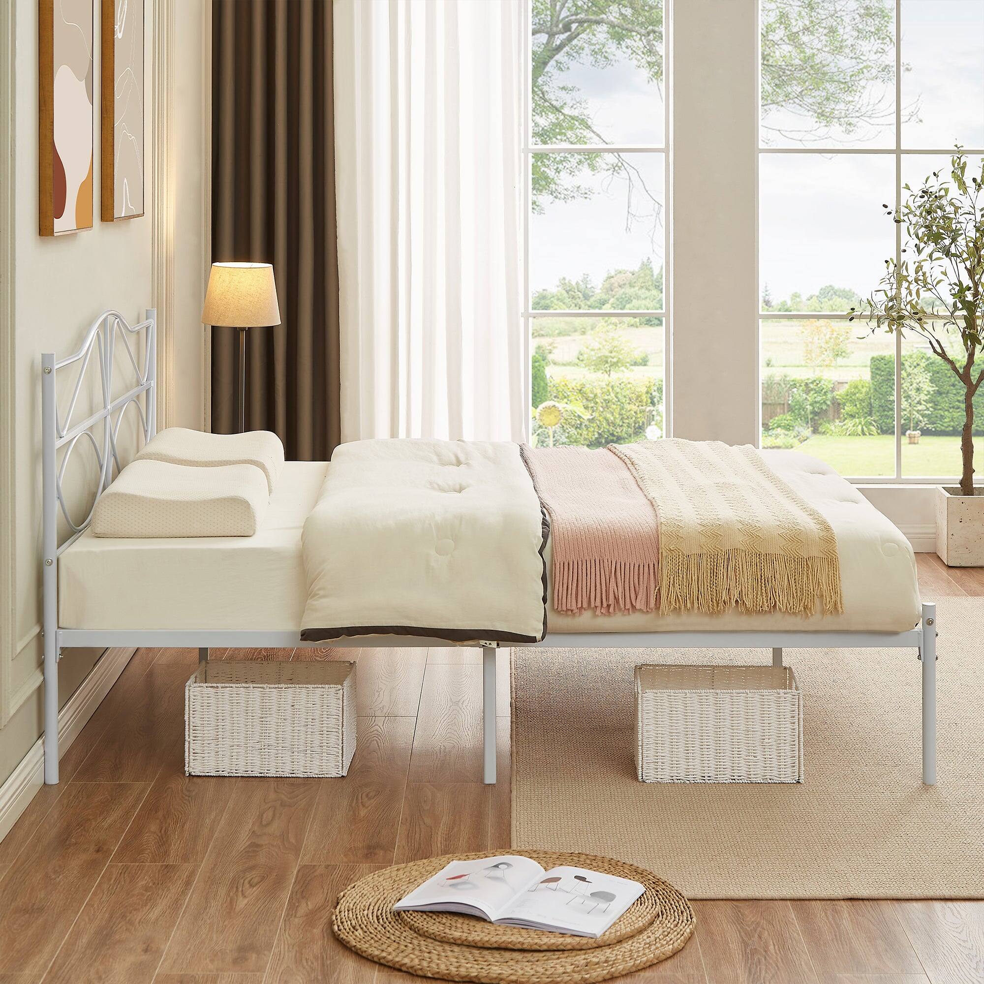 Alt View 2. Vecelo - Full Size Metal Platform Bed Fram,Sturdy Slats Support Mattress Foundation,No Box Spring Needed,White - White.