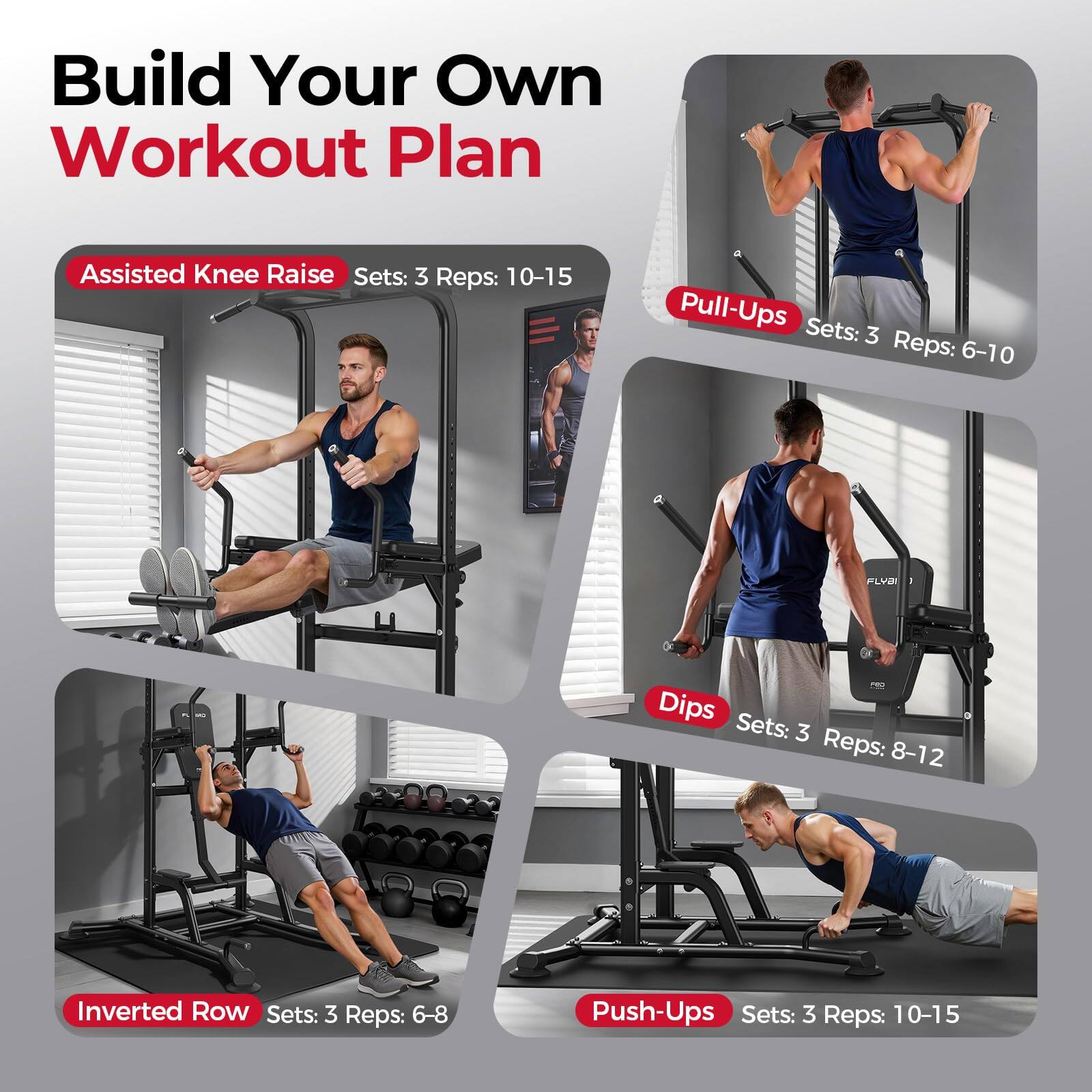 Build Your Own Workout Plan

- Assisted Knee Raise
  - Sets: 3
  - Reps: 10-15

- Pull-Ups
  - Sets: 3
  - Reps: 6-10

- Dips
  - Sets: 3
  - Reps: 8-12

- Inverted Row
  - Sets: 3
  - Reps: 6-8

- Push-Ups
  - Sets: 3
  - Reps: 10-15