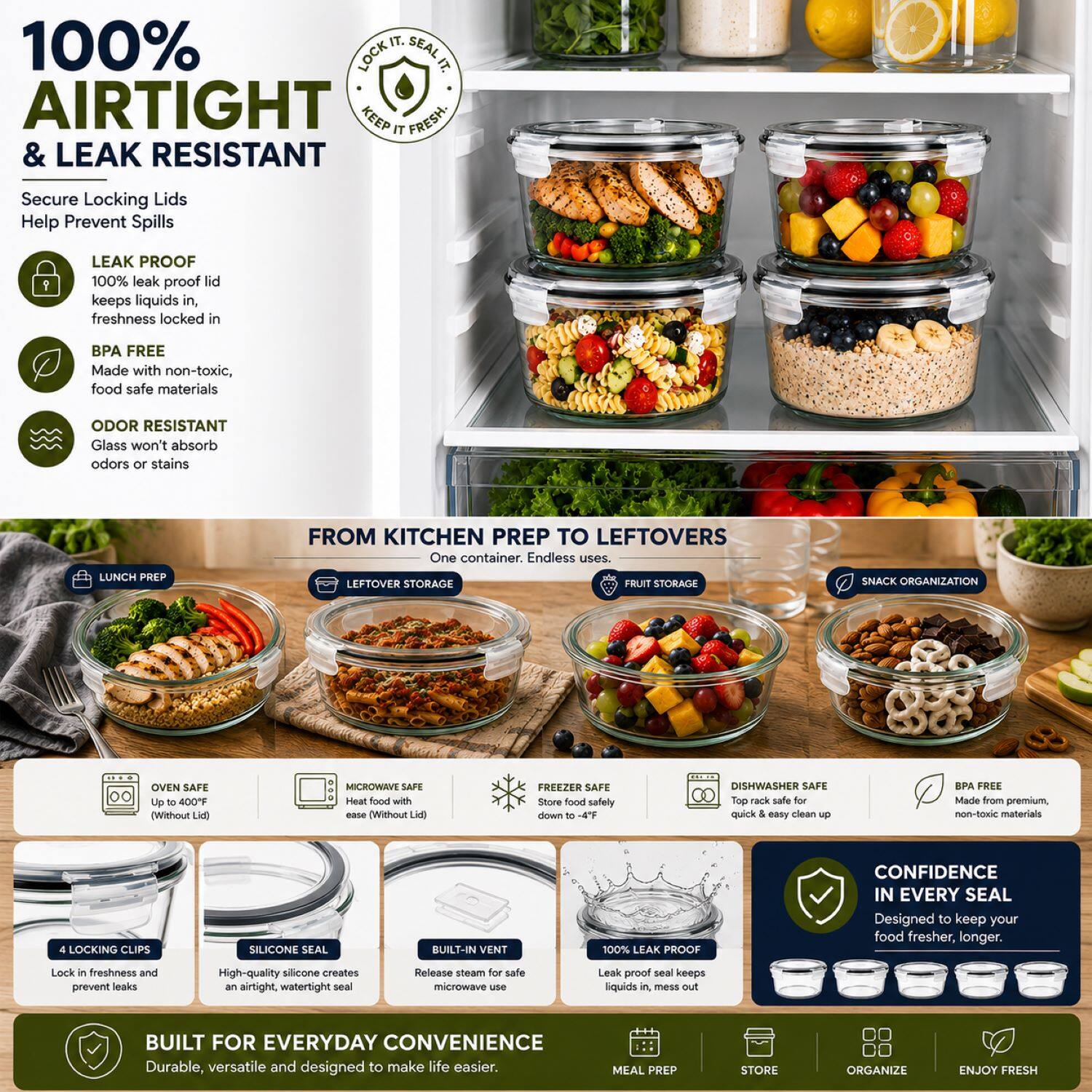 100% AIRTIGHT & LEAK RESISTANT

Secure Locking Lids Help Prevent Spills

LEAK PROOF
100% leak proof lid keeps liquids in, freshness locked in

BPA FREE
Made with non-toxic, food safe materials

ODOR RESISTANT
Glass won't absorb odors or stains

FROM KITCHEN PREP TO LEFTOVERS
One container. Endless uses

LUNCH PREP
LEFTOVER STORAGE
FRUIT STORAGE
SNACK ORGANIZATION

OVEN SAFE
Up to 400°F (Without Lid)

MICROWAVE SAFE
Heat food with ease (Without Lid)

FREEZER SAFE
Down to -4°F

DISHWASHER SAFE
Top rack safe for quick & easy clean up

BPA FREE
Made from premium non-toxic materials

4 LOCKING CLIPS
Silicone Seal
Built-in Vent

CONFIDENCE IN EVERY SEAL
Designed to keep your food fresher, longer. Lock in freshness and prevent leaks

High-quality silicone creates an airtight watertight seal
Release steam for safe microwave use
Leak proof seal keeps liquids in, mess out

BUILT FOR EVERYDAY CONVENIENCE
