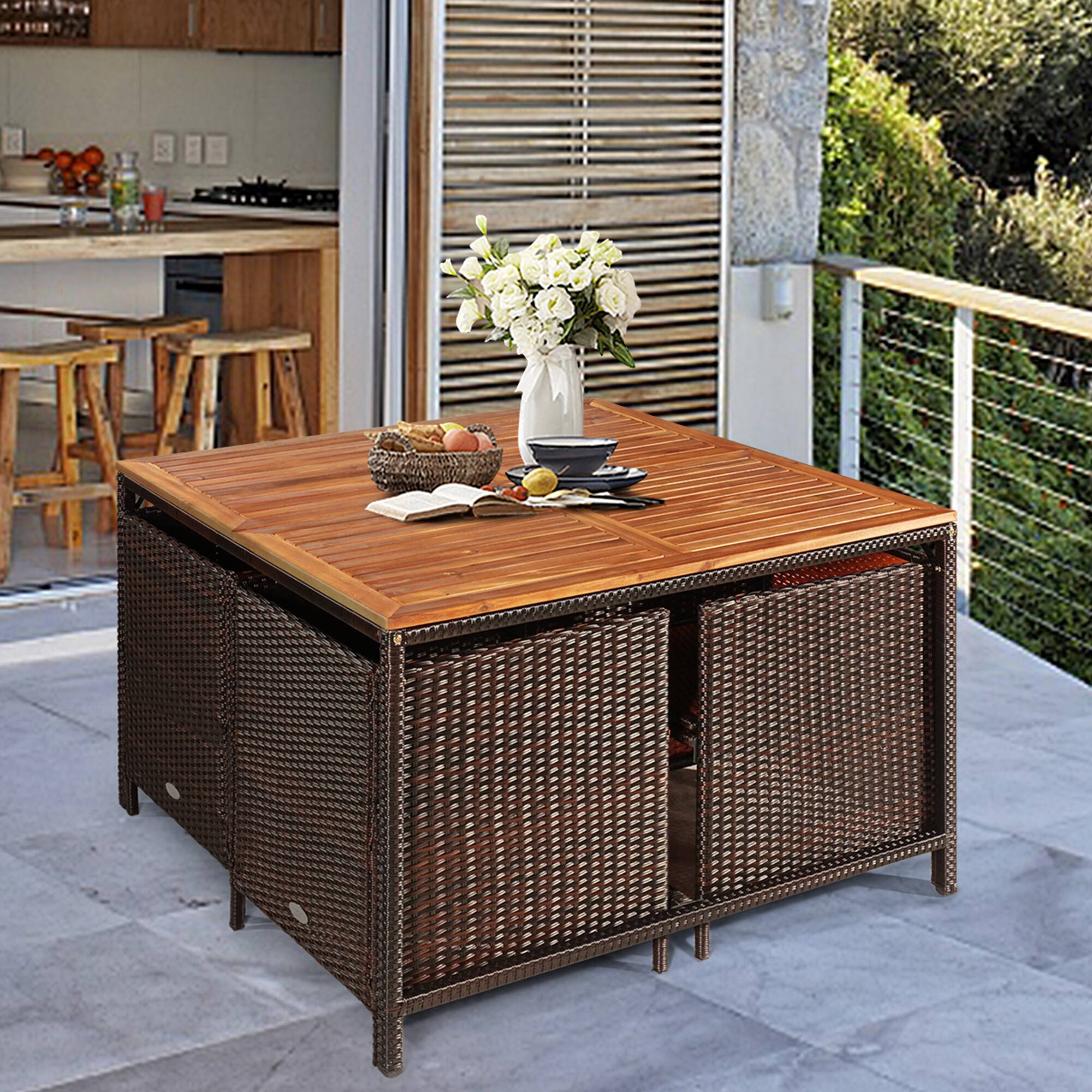 Alt View 4. Gymax - Gymax 9PCS Rattan Wicker Patio Dining Set Outdoor Furniture Set w/ Turquoise Cushion - as pic.