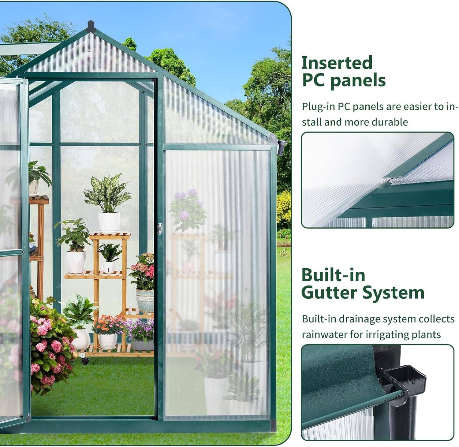 Inserted PC panels  
Plug-in PC panels are easier to install and more durable  

Built-in Gutter System  
Built-in drainage system collects rainwater for irrigating plants