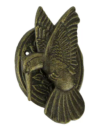 Front. Zeckos - Antique Bronze Cast Iron Hummingbird and Flower Front Door Knocker Entry Decor - Bronze.