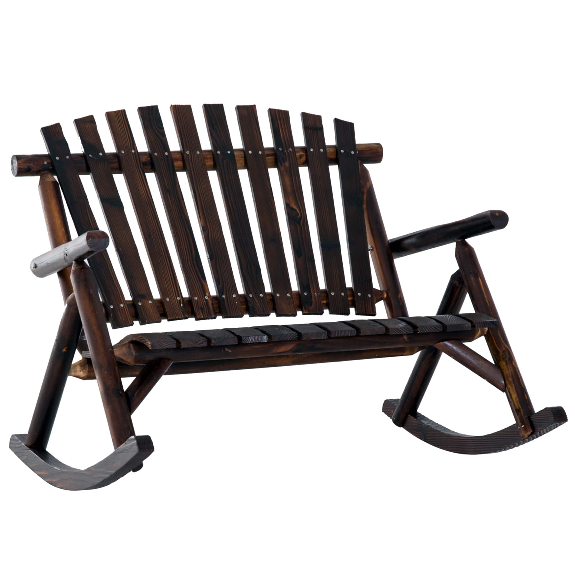 Outsunny - Outdoor Wooden Rocking Chair, Double-Person Rustic Adirondack Rocker with Slatted Seat, High Backrest - Carbonized Color