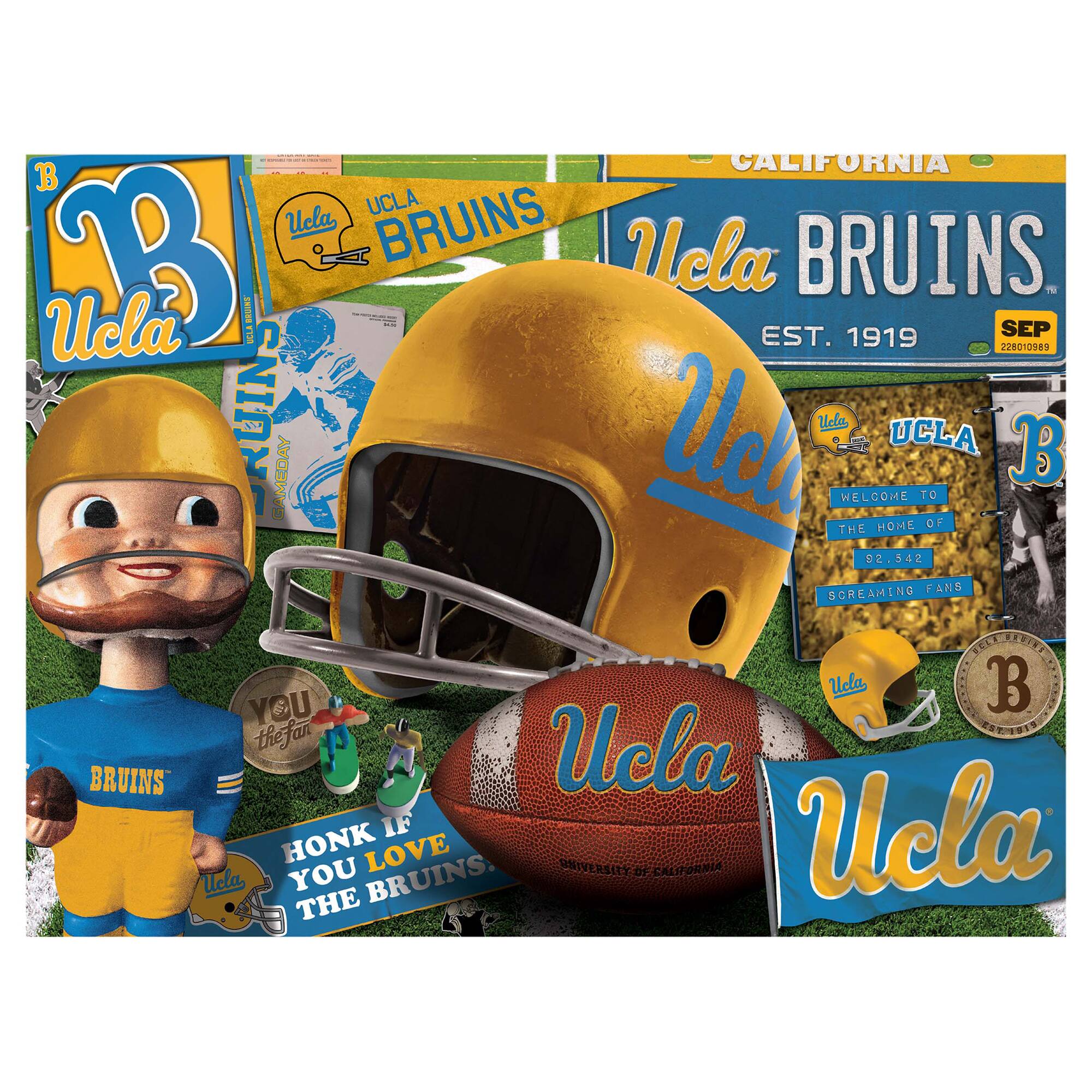 CALIFORNIA UCLA BRUINS EST. 1919  
UCLA BRUINS  
WELCOME TO THE HOME OF  
52,542 SCREAMING FANS  
HONK IF YOU LOVE THE BRUINS  
YOU THE FAN  
UCLA  
UNIVERSITY OF CALIFORNIA