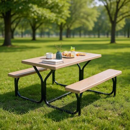 Front. Kadyn - HDPE Outdoor Picnic Table Bench Set with Metal Base-Coffee for Patio Back Deck, Balcany, Poolside - Black.