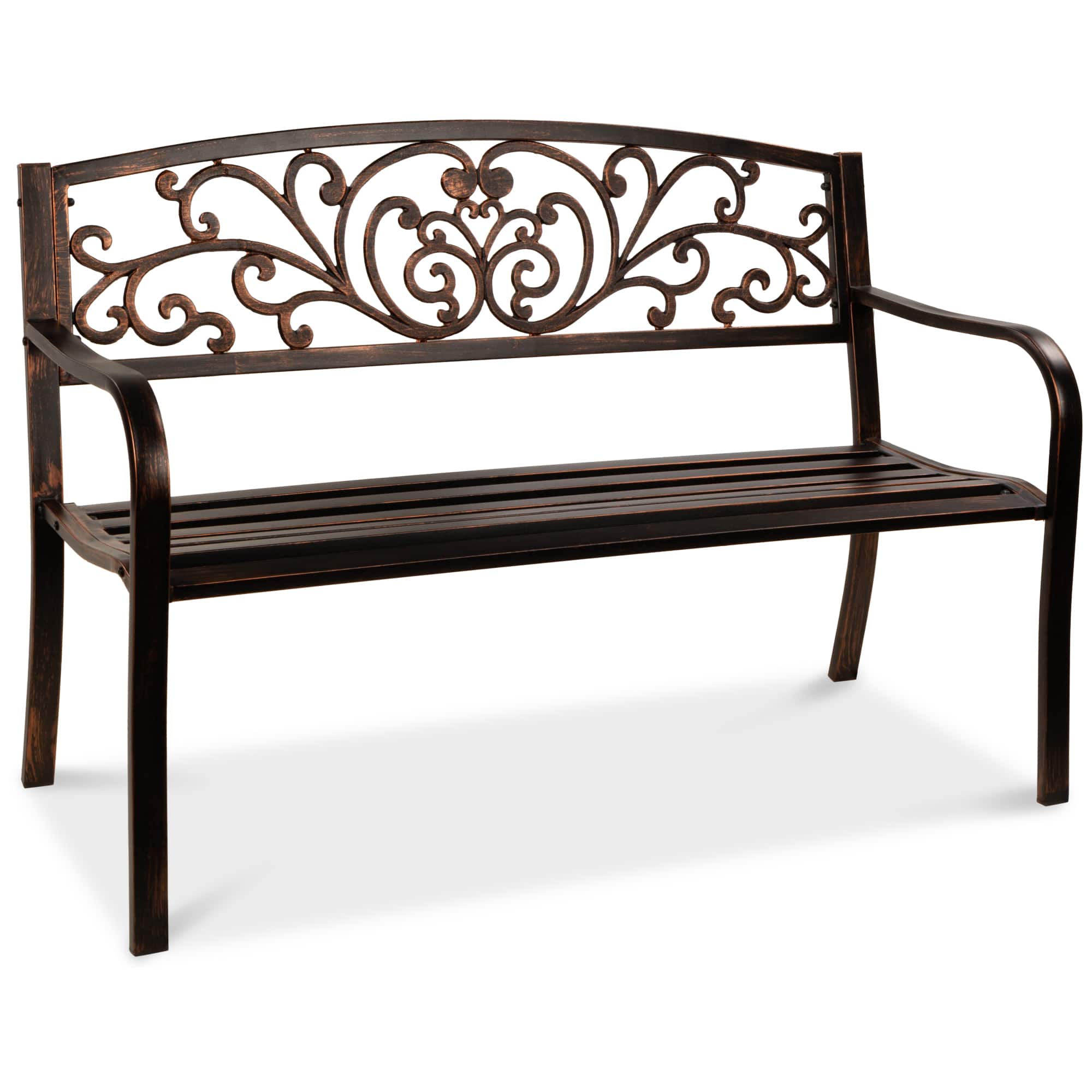 Front. Best Choice Products - Best Choice Products Outdoor Steel Bench Garden Patio Porch Furniture w/ Floral Design Backrest - Brown - Brown.