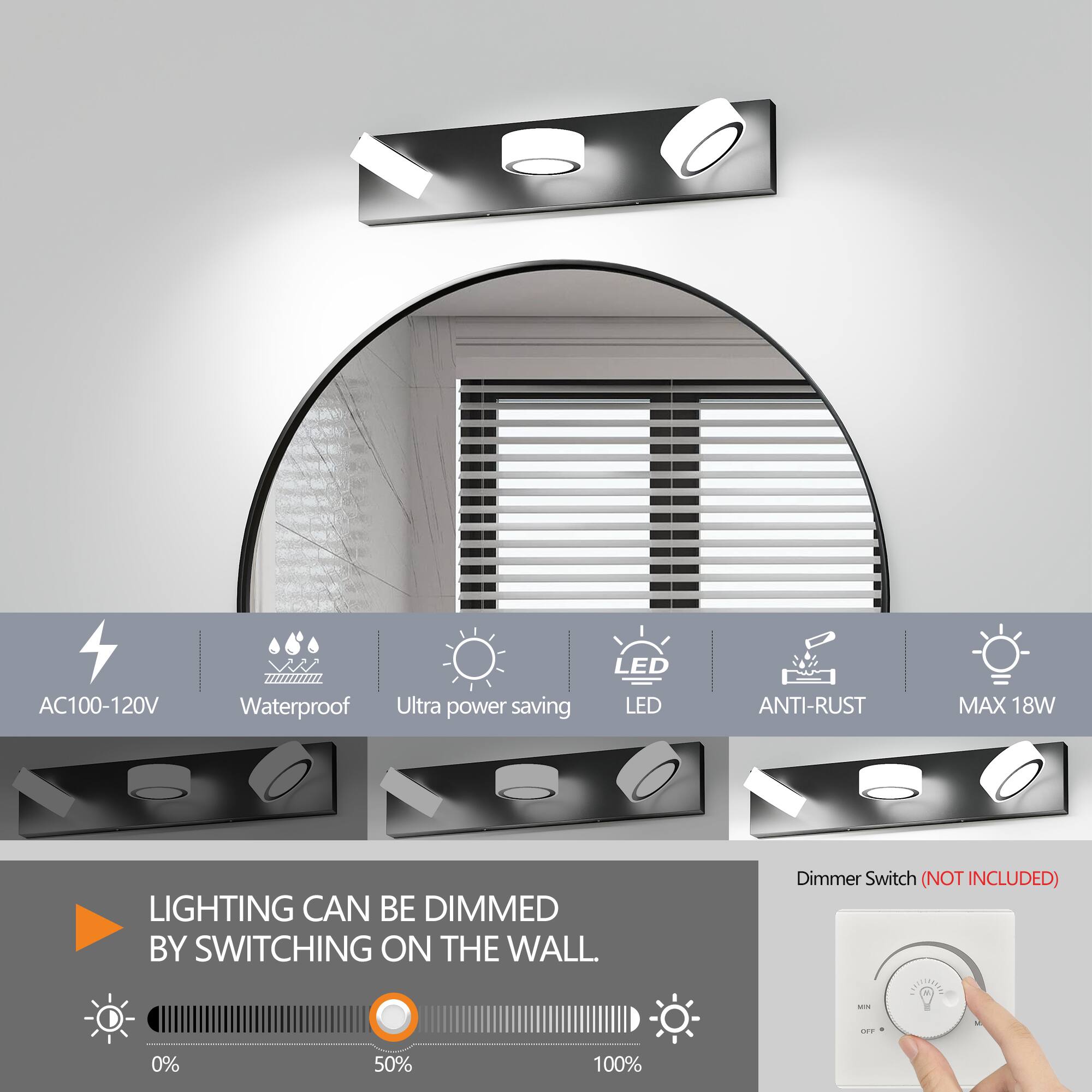 LED AC100-120V Waterproof Ultra power saving LED ANTI-RUST MAX 18W LIGHTING CAN BE DIMMED BY SWITCHING ON THE WALL. Dimmer Switch (NOT INCLUDED) CRN: dad 0% 50% 100%