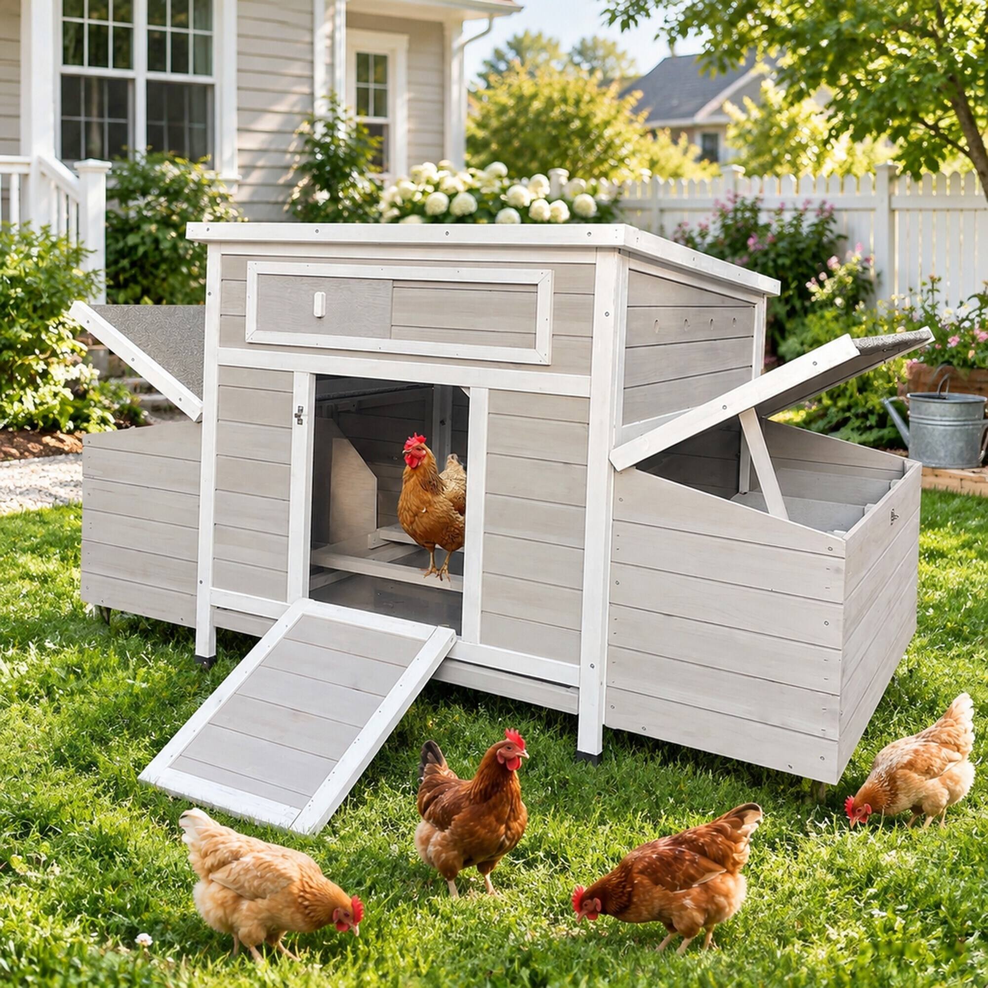 Back. RYHNUYNE - Large Wooden Chicken Coop, Outdoor Hen House, Poultry Cage, 2 Sides Nesting Boxes, 6 Egg Nests.