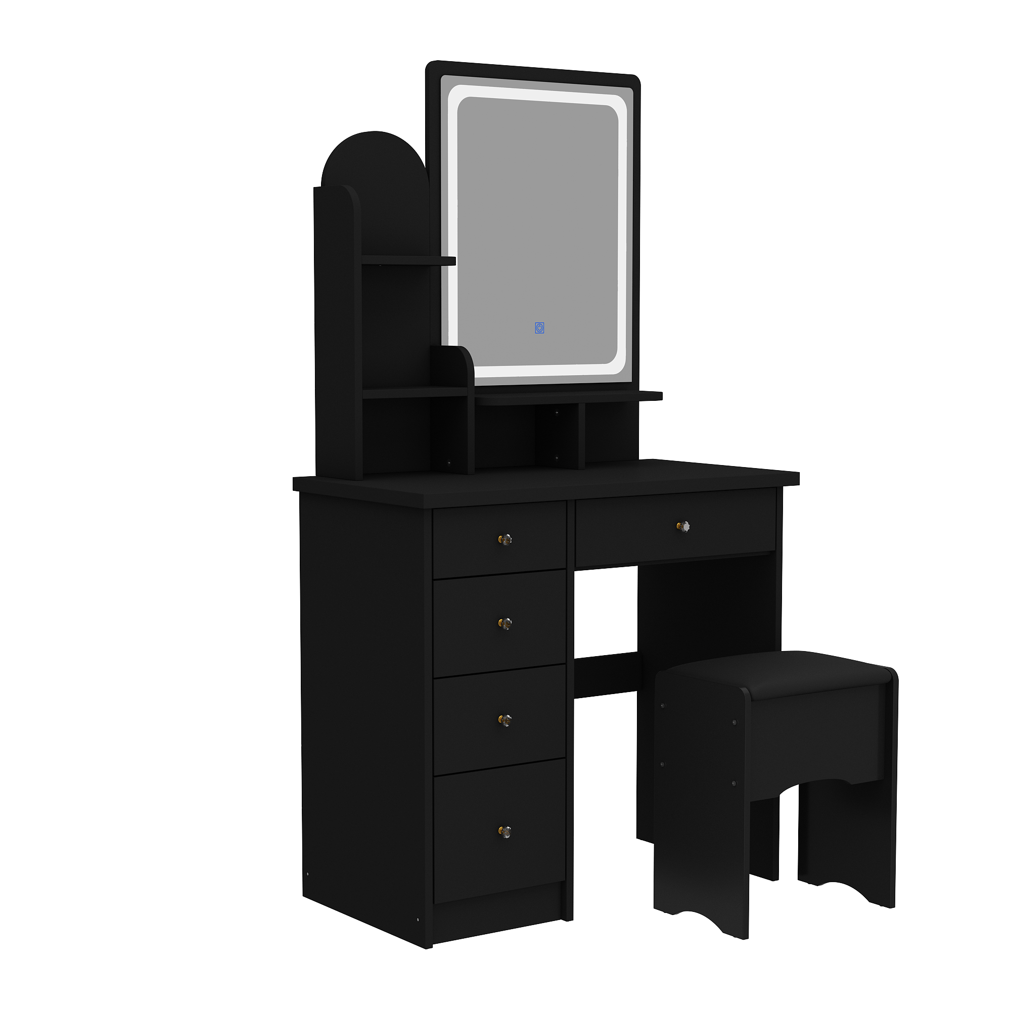 Angle. Famapy - Vanity Table with LED Mirror, Storage Drawers & Stool – Makeup Dresser Organizer for Bedroom - Black.