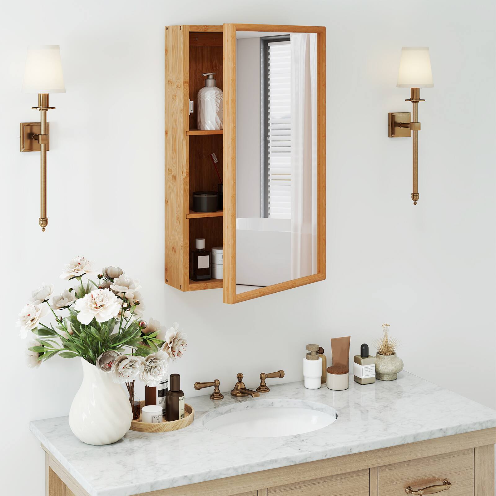 Alt View 4. Gymax - Gymax Small Medicine Cabinet 14'' x 24'' Bamboo Storage Organizer w/ Mirror Door - Natural.