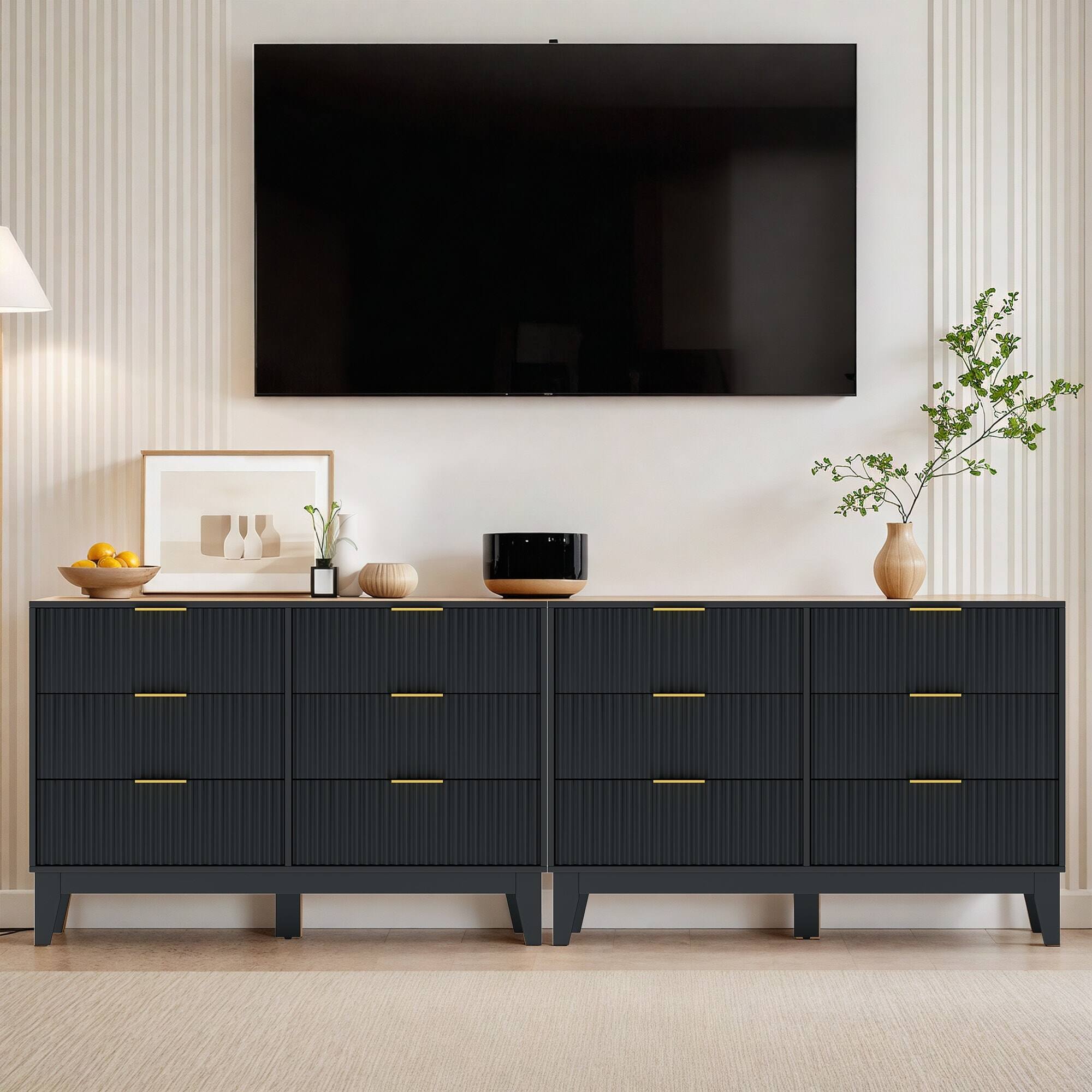 Alt View 6. U-HOMY - Modern 6 Drawer Fluted Dresser, Mid Century Wide Chest of Drawers with Metal Handles for Bedroom and Living Room - Blcak.