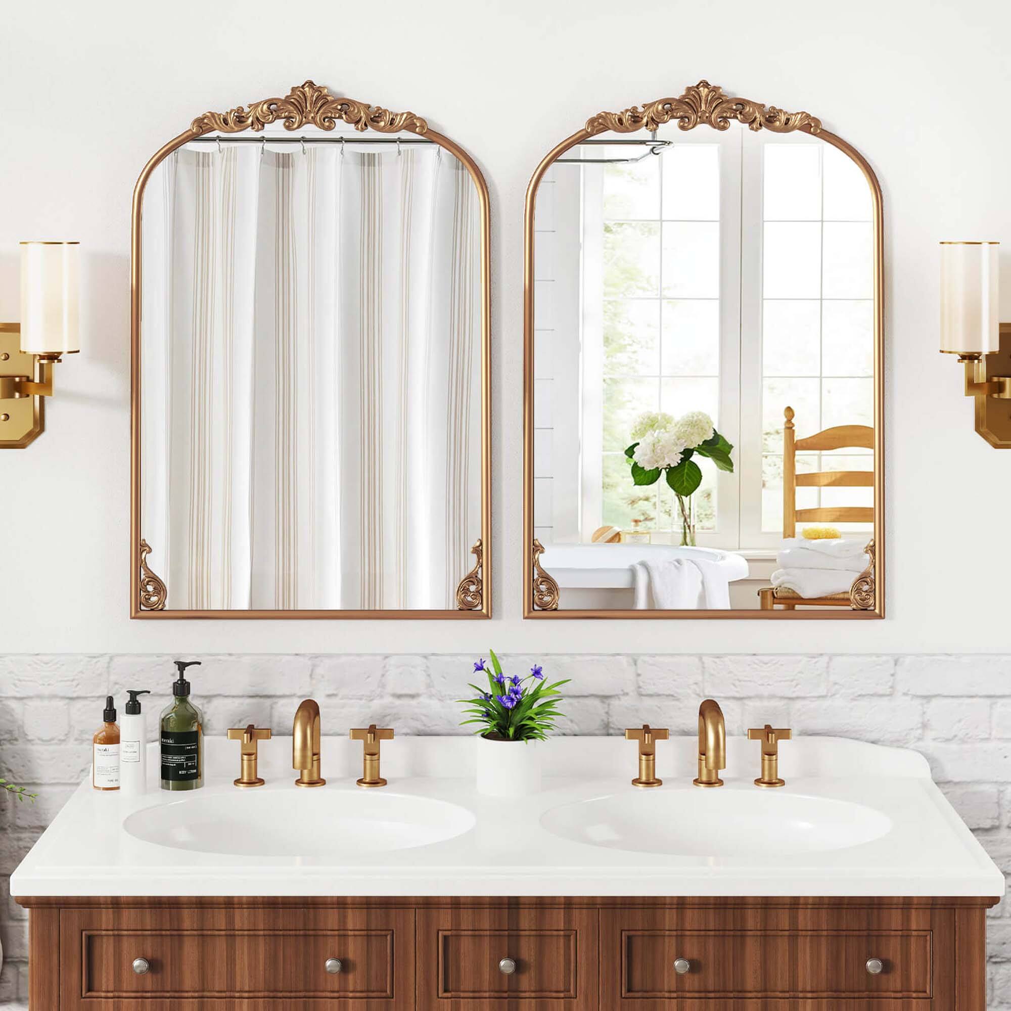 Alt View 4. Costway - Costway 36" x 24" Gold Traditional Vintage Ornate Baroque Arched Mirror for Wall with Metal Frame - Gold.