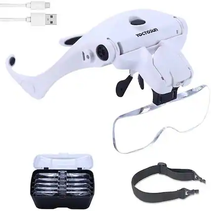 Front. PARKER SLATER - Rechargeable LED head magnifier with hands-free headband, interchangeable bracket, and professional jeweler’s. - White.