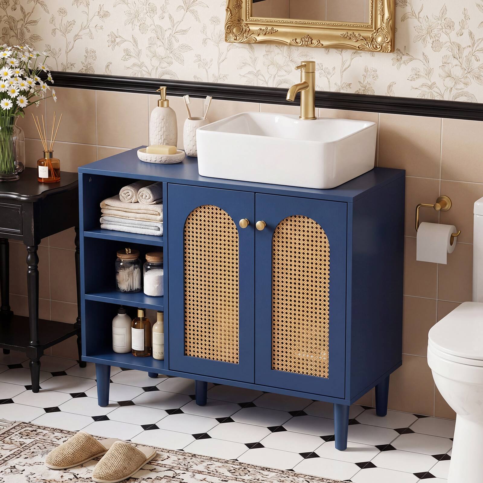 Alt View 1. Costway - Costway 36" Under Sink Cabinet, Boho Sink Base Cabinet with Rattan Doors, Rubber Wood Legs - Navy + Natural.