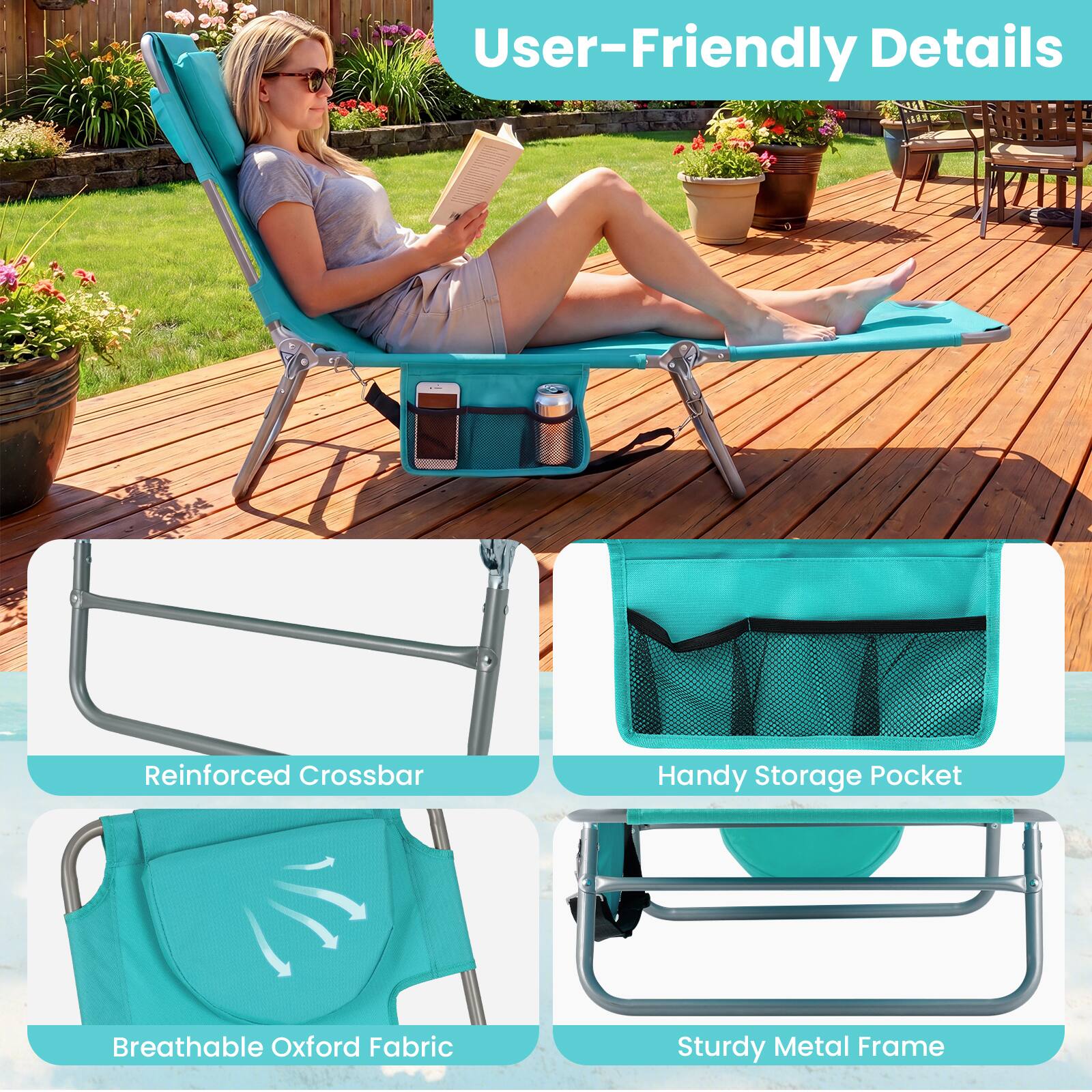 User-Friendly Details

- Reinforced Crossbar
- Handy Storage Pocket
- Breathable Oxford Fabric
- Sturdy Metal Frame