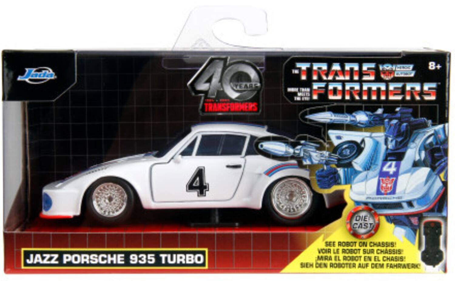 Jada H 8+ Transformers 40 Years Formers Transformers 4 Die Cast Jazz Porsche 935 Turbo. See Robot on Chassis! Voir le Robot sur Chassis! Mira el Robot en el Chasis! Sehen den Roboter auf dem Fahrwerk!