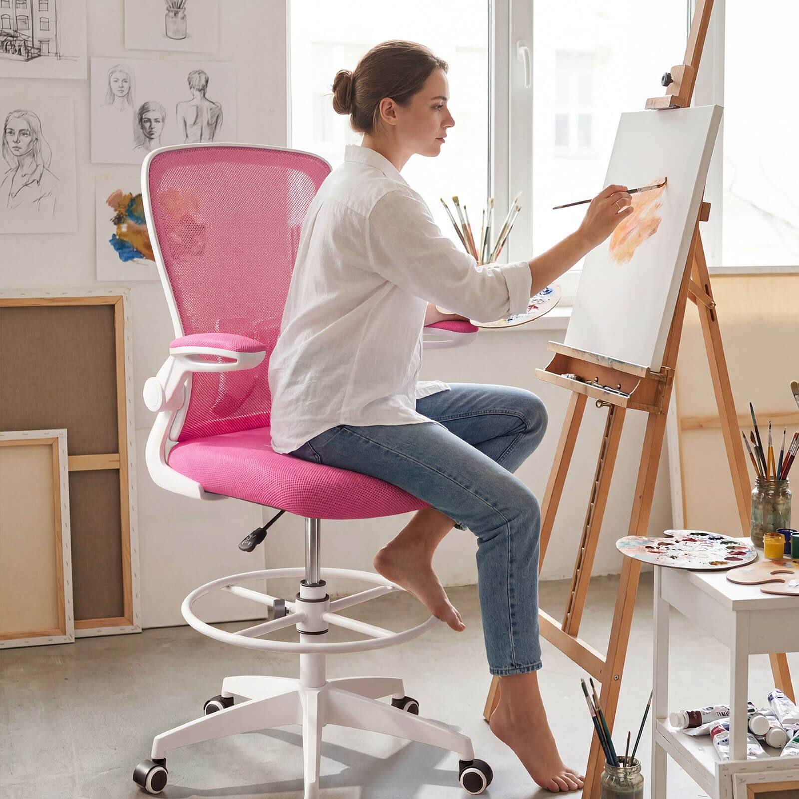 Alt View 3. Costway - Costway Home Office Drafting Chair with Flip-Up Armrests Adjustable Footrest Ring for Study - Pink.