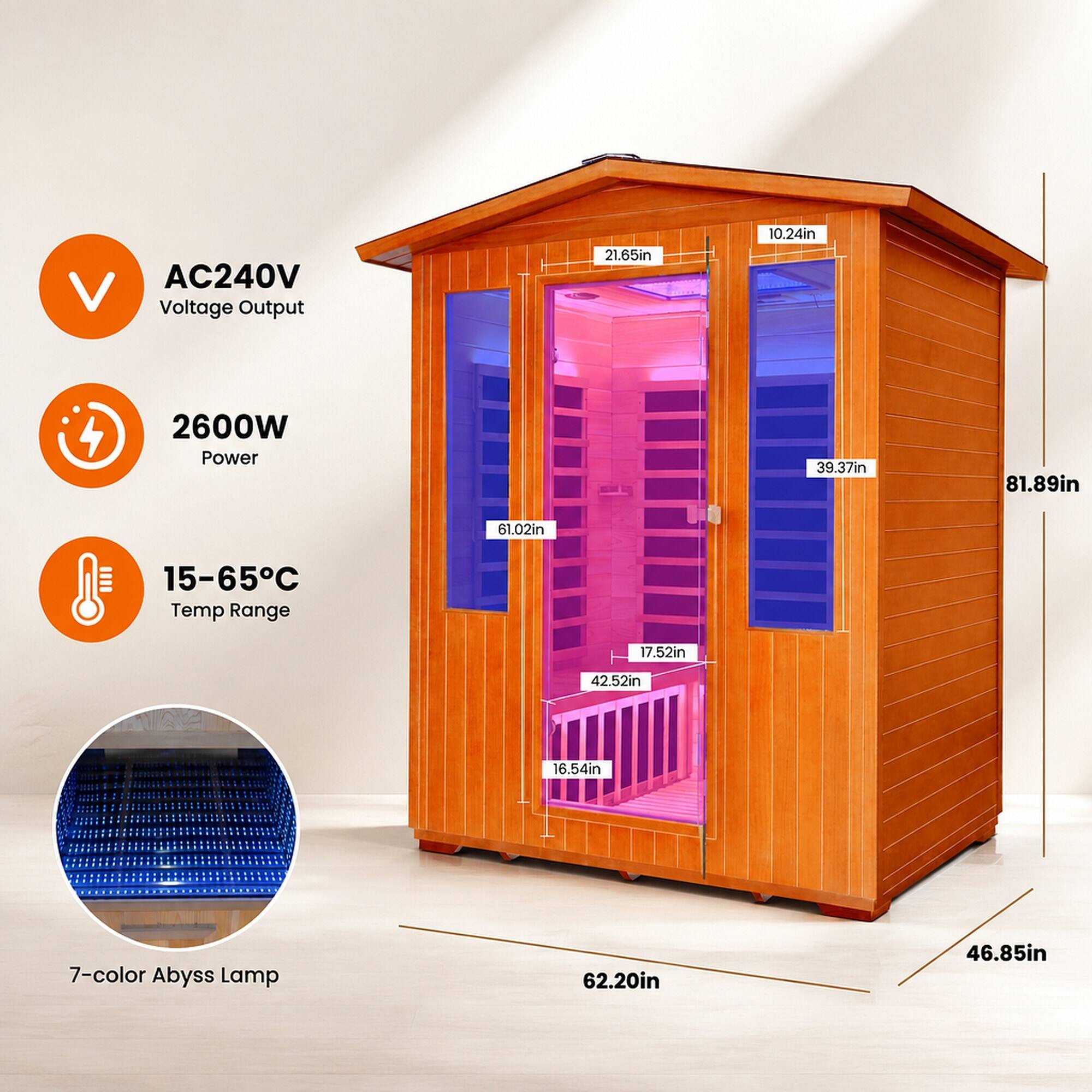 AC240V Voltage Output  
2600W Power  
15-65°C Temp Range  
7-color Abyss Lamp  

Dimensions:  
- 21.65in  
- 10.24in  
- 39.37in  
- 81.89in  
- 61.02in  
- 17.52in  
- 42.52in  
- 16.54in  
- 62.20in  
- 46.85in