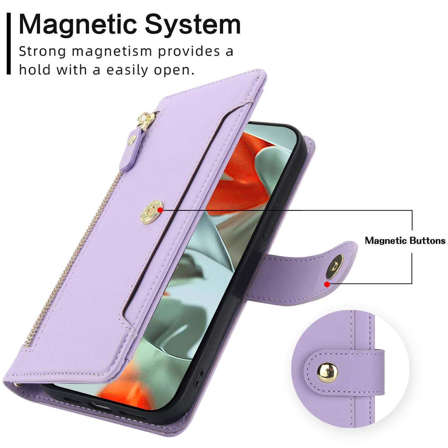 Magnetic System  
Strong magnetism provides a hold with a easily open.  
Magnetic Buttons