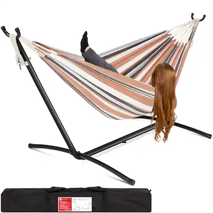 Front. Best Choice Products - Best Choice Products 2-Person Brazilian-Style Cotton Double Hammock with Stand Set w/ Carrying Bag - Desert Stripes - Desert Stripes.