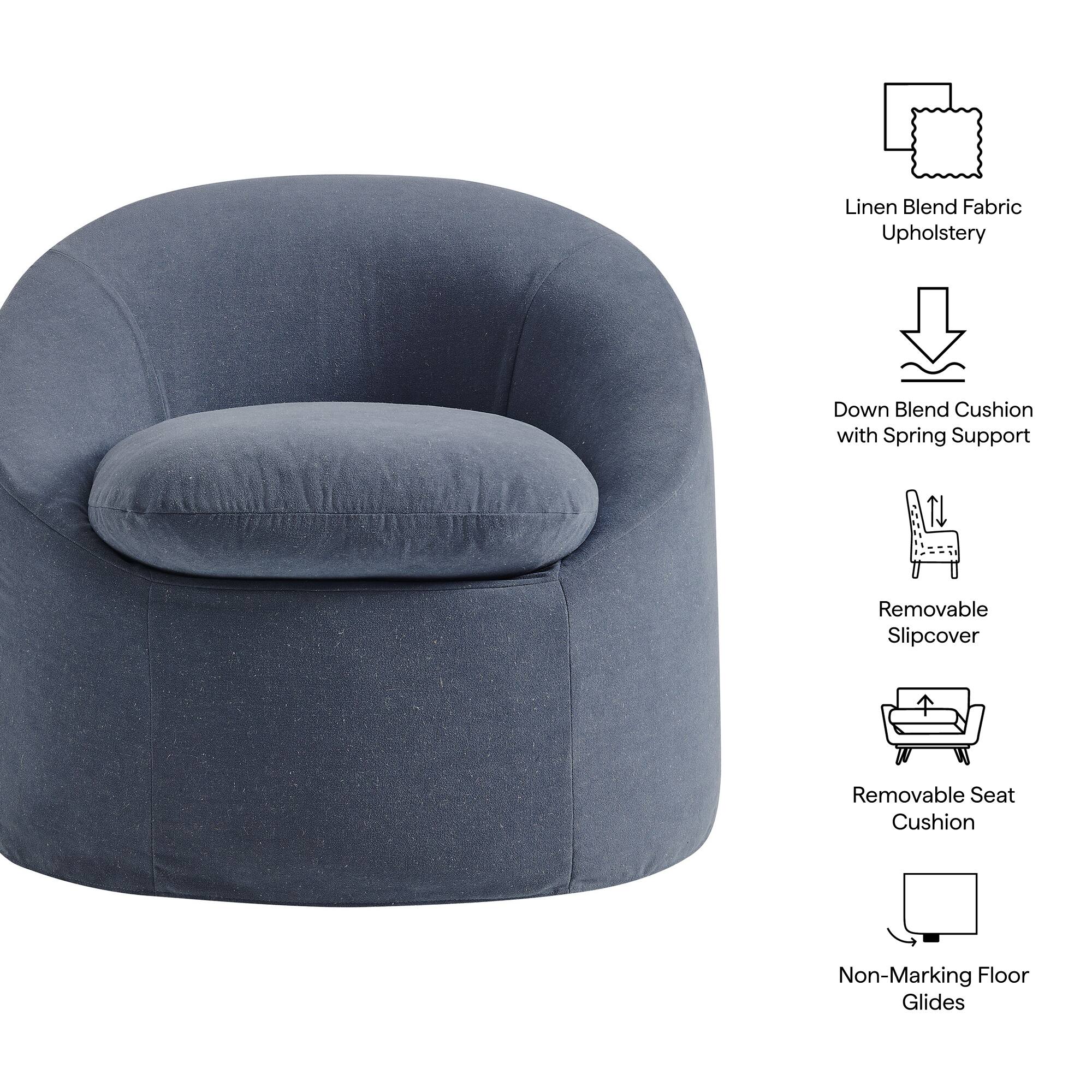 Linen Blend Fabric Upholstery  
Down Blend Cushion with Spring Support  
Removable Slipcover  
Removable Seat Cushion  
Non-Marking Floor Glides
