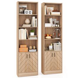 Costway - 2 PCS 71" Bookshelf w/2-Door Cabinet 6-Tier Bookcase Tall Storage Cabinet Display Rack - Oak