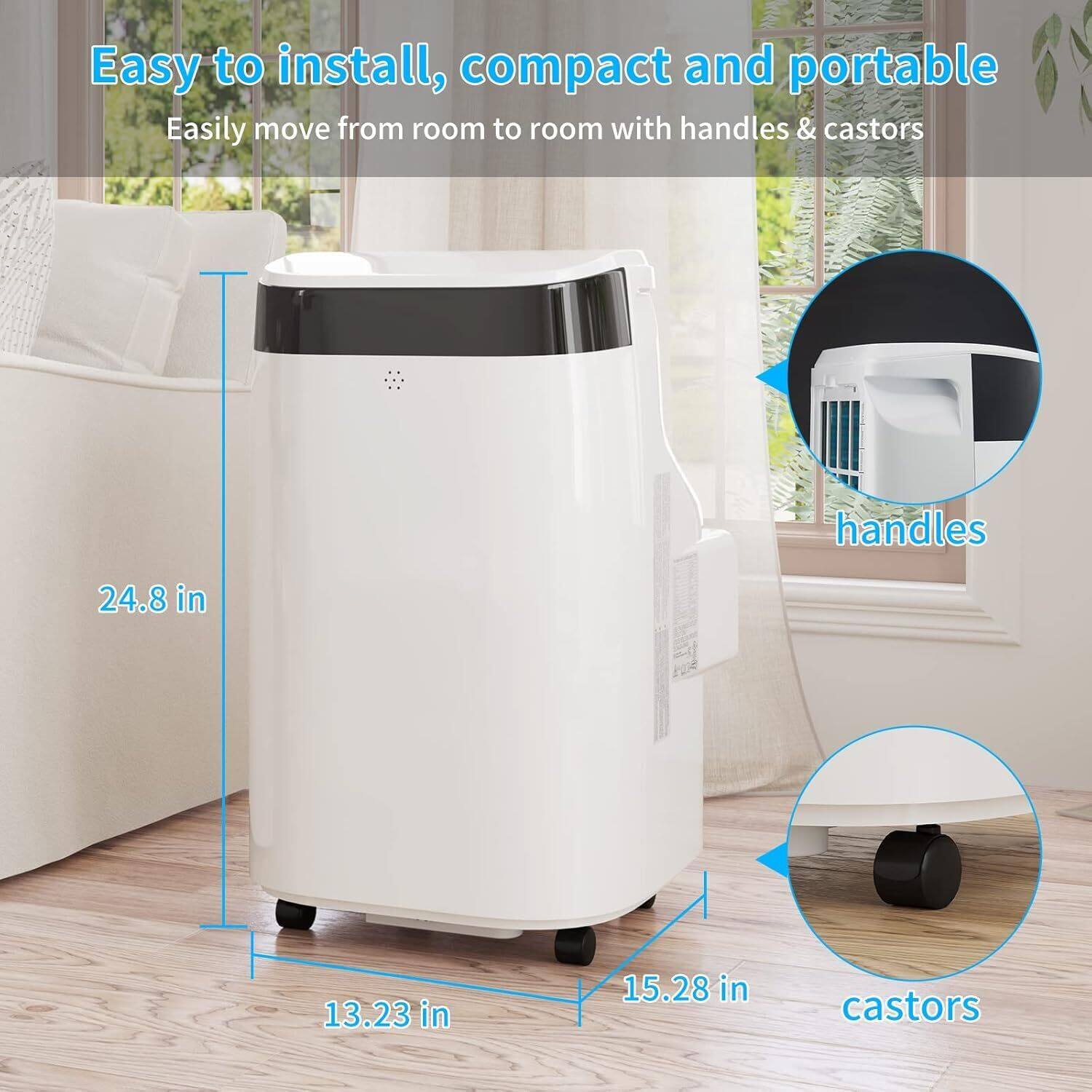 Easy to install, compact and portable  
Easily move from room to room with handles & castors  

- Handles
- Castors

Dimensions:
- Height: 24.8 in
- Width: 15.28 in
- Depth: 13.23 in
