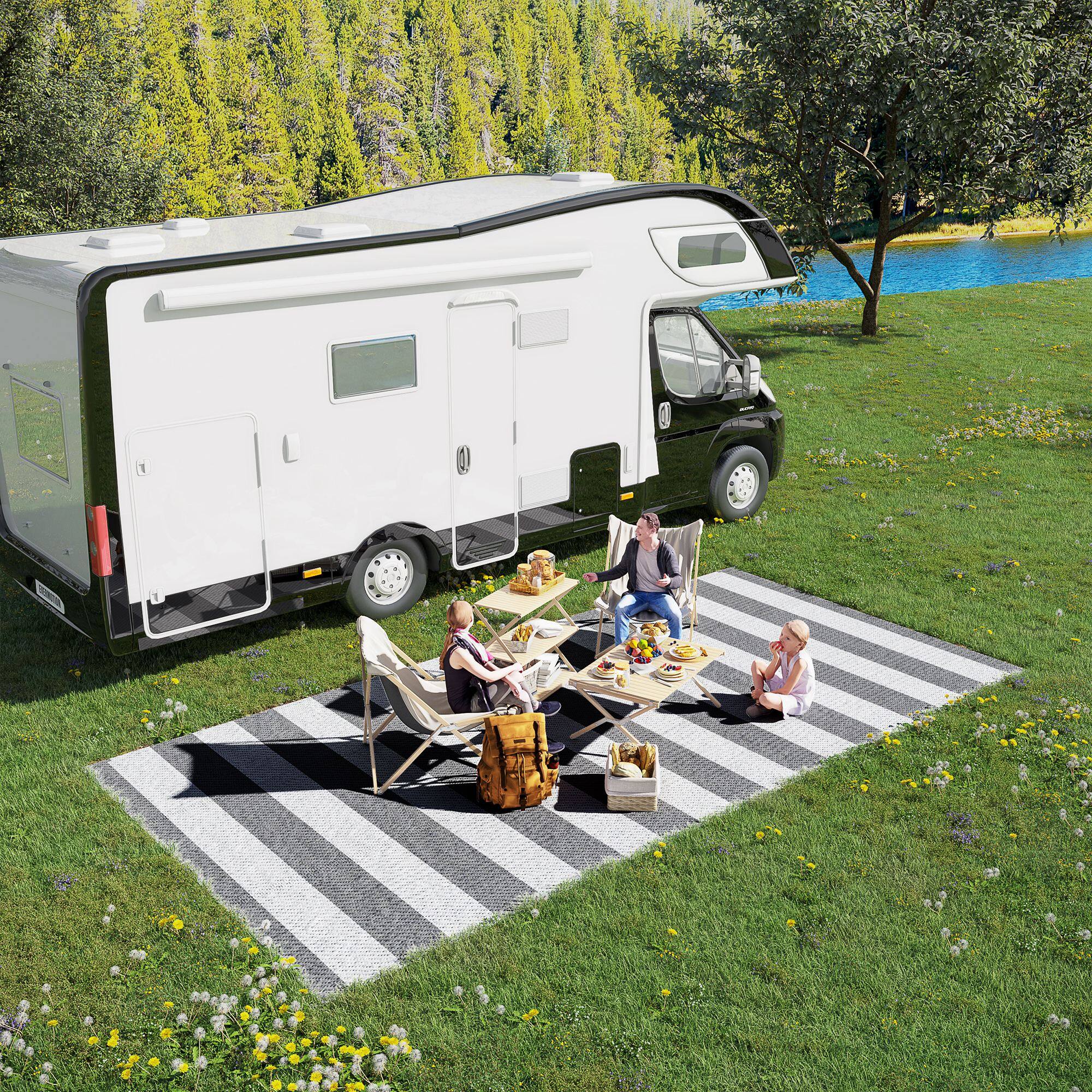 Alt View 1. Outsunny - Reversible Outdoor Rug, 9' x 18' Waterproof Plastic Straw Floor Mat, Portable RV Camping Carpet - Gray and White Stripes.
