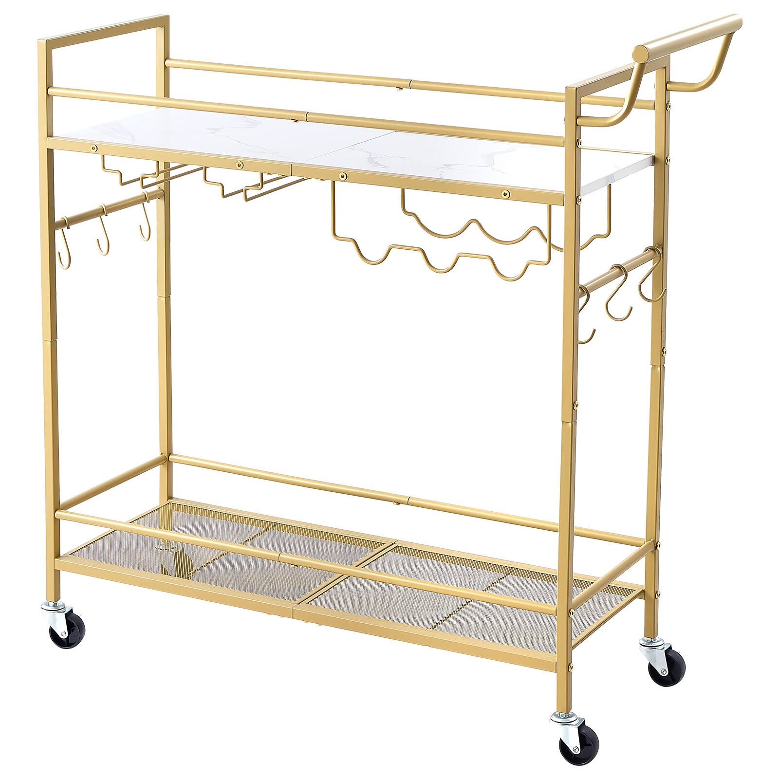 Alt View 5. VEVOR - Bar Cart, 2 Tiers Home Kitchen Serving Carts, Modern Rolling Utility Station on Wheel, Mobile Drink Beverage Trolley - Gold + White.