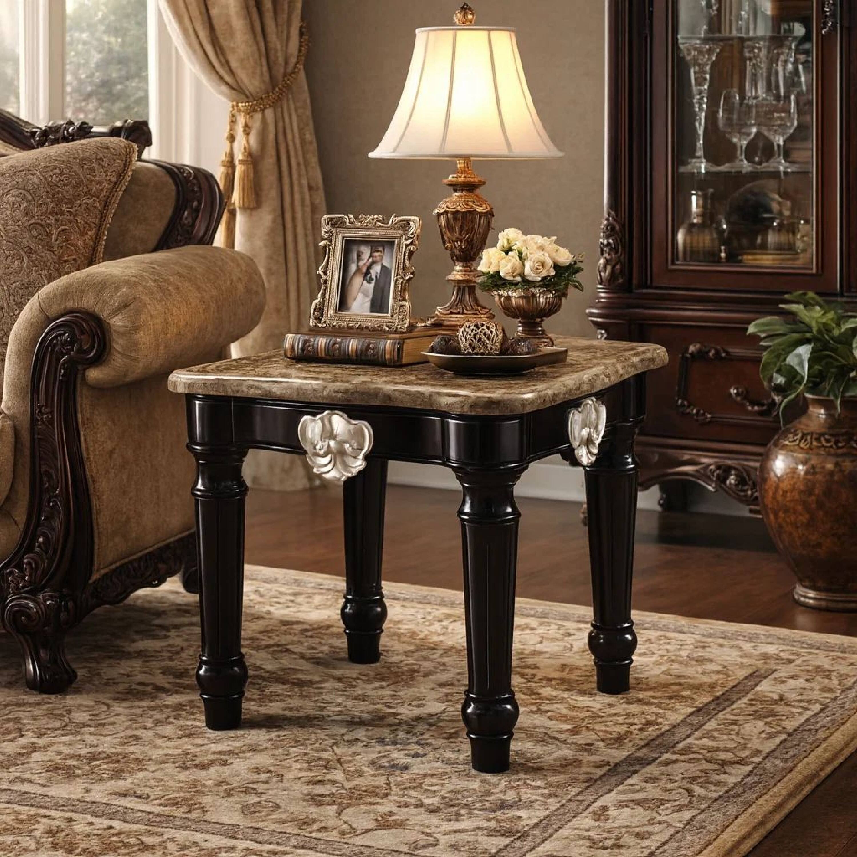 Alt View 5. Manhattan Lane - Marble Top End Table With Contrast Carved Motif Turned Wood Legs - Black.