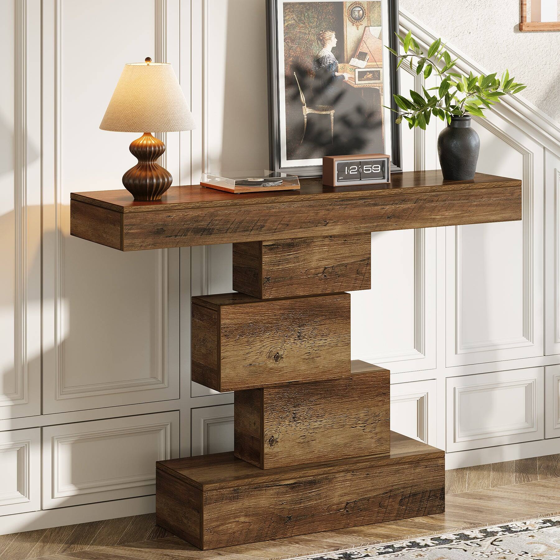 Back. Tribesigns - Farmhouse Console Table with Engineered Wood Construction and Rectangular Top for Entryway and Hallway - Brown.