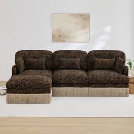 Anysun - 100" Chenille Leopard L-Shaped Sofa, Tassel Edge, Movable Ottoman, Ergonomic Design, Easy Assembly, Deep Seat - Brown