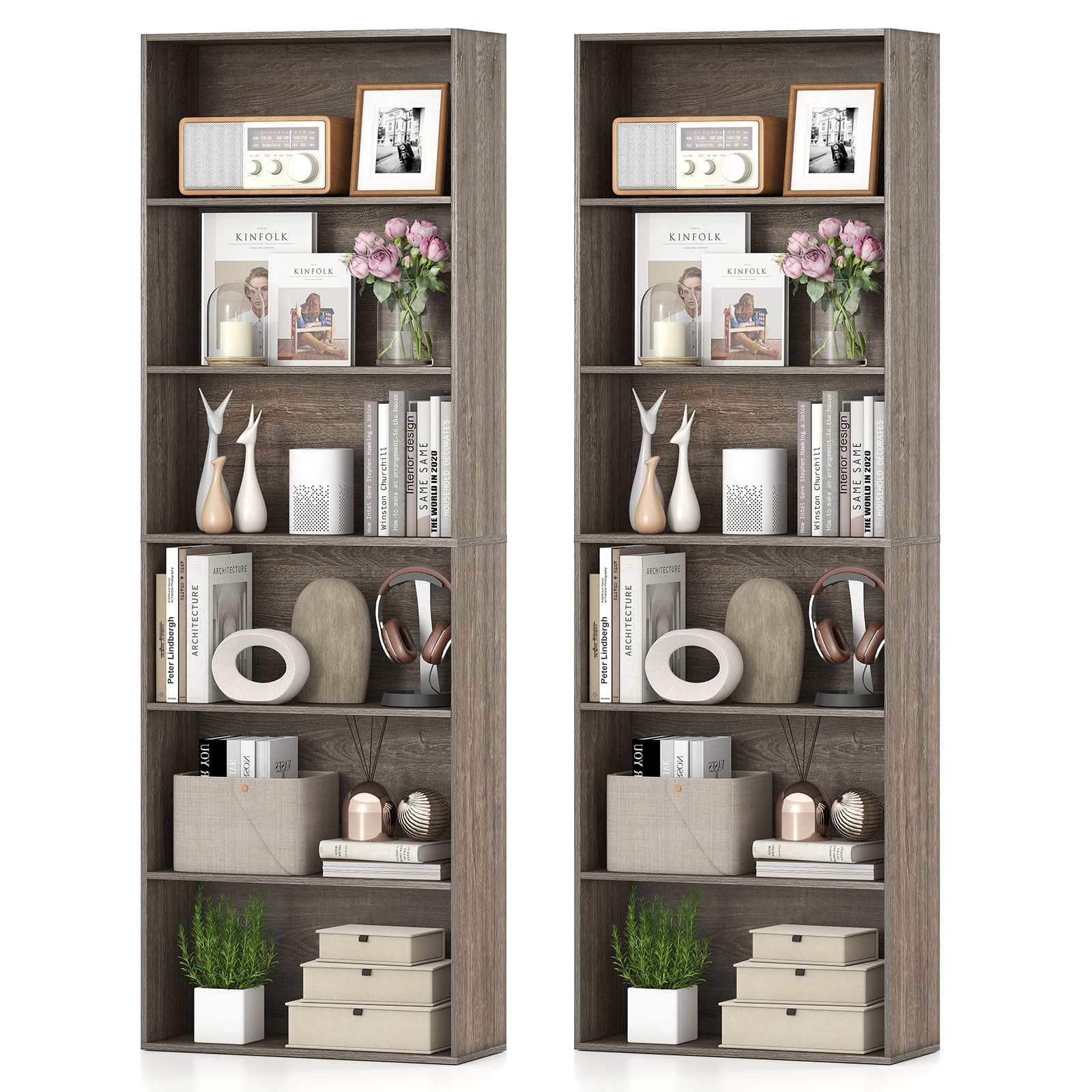 Gymax - 2PCS 6-Tier Bookshelf w/Open Shelves Anti-Tipping Kits for Living Room Bedroom - Gray
