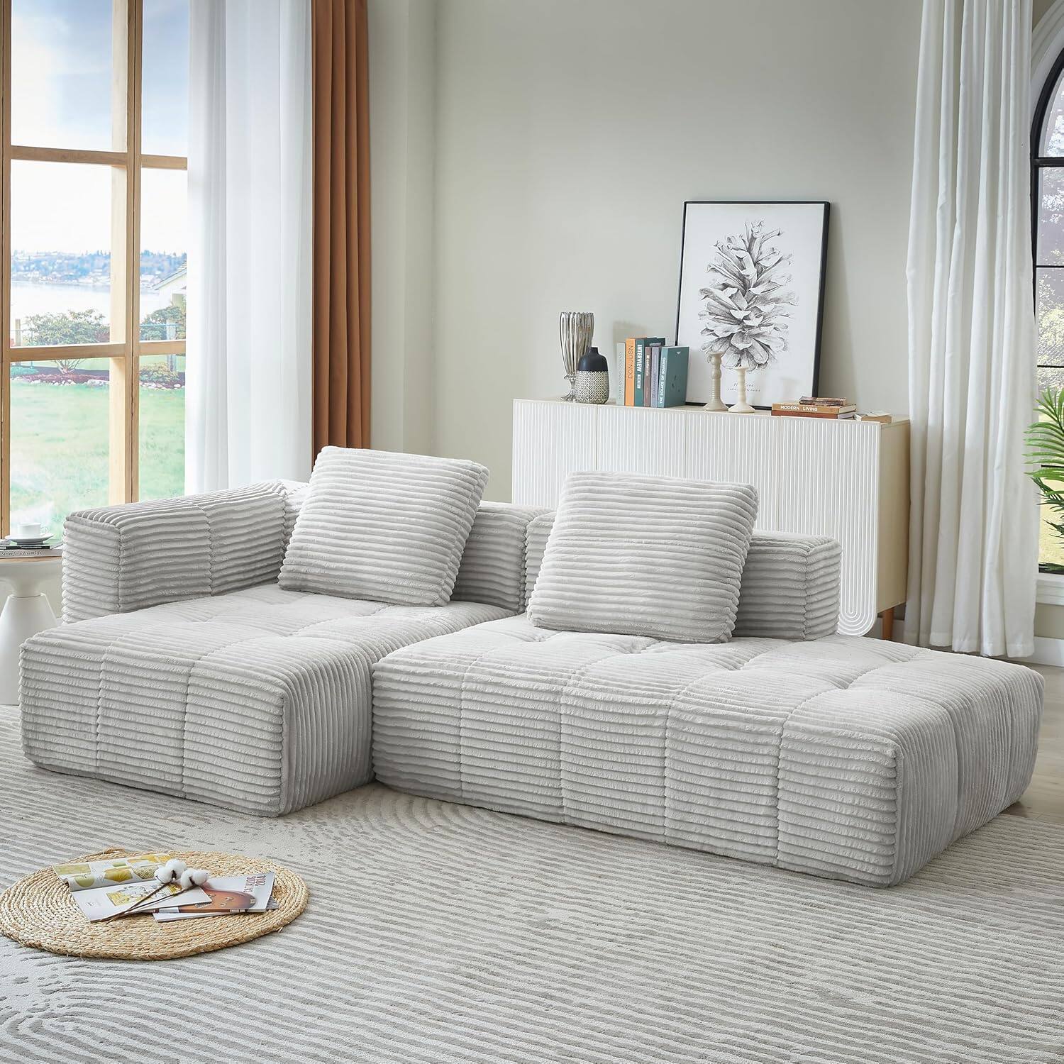 Alt View 2. Trinkets Crazed - 108" Corduroy Fluffy Modular Sectional Loveseat SofaDeep Seat Cloud Sectional Couch with Spring Cushions - light gray.