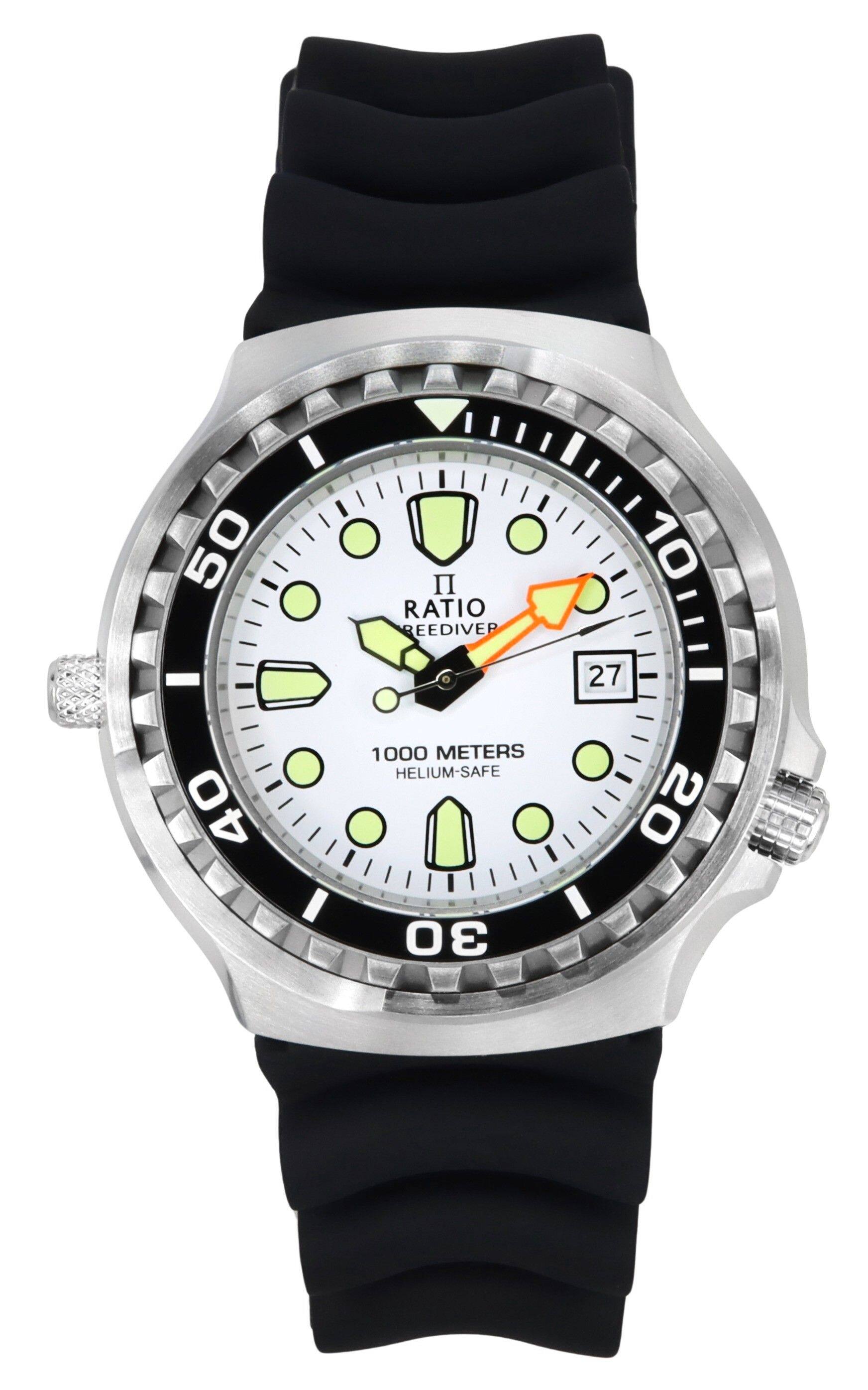 RATIO - FreeDiver Version 02 Helium Safe 1000M Quartz 1038EF102V-WHT-V02 Mens Watch White Dial Sapphire Crystal - Black/White