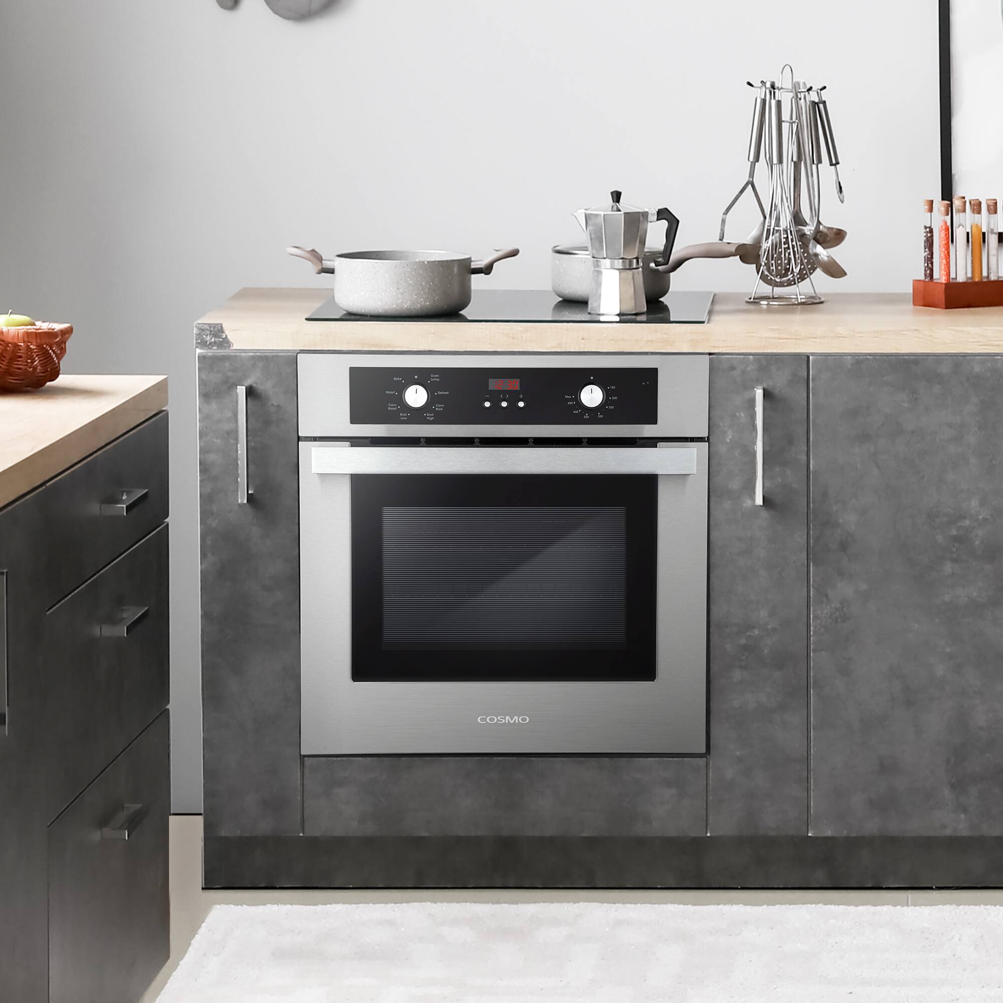 Angle. COSMO - C51EIX 24 in. Lumin Collection 2.5 cu. ft. Electric Wall Oven, 8 Functions & Turbo True European Convection - Stainless Steel.