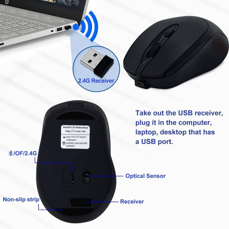 2.4G Receiver / OF / 2.4G Bluetooth-2.4G Wireless Mouse  
Voltage: 3.7V  
Current: 15mA  

Take out the USB receiver, plug it in the computer, laptop, desktop that has a USB port.  

Optical Sensor  
Non-slip strip  
Receiver