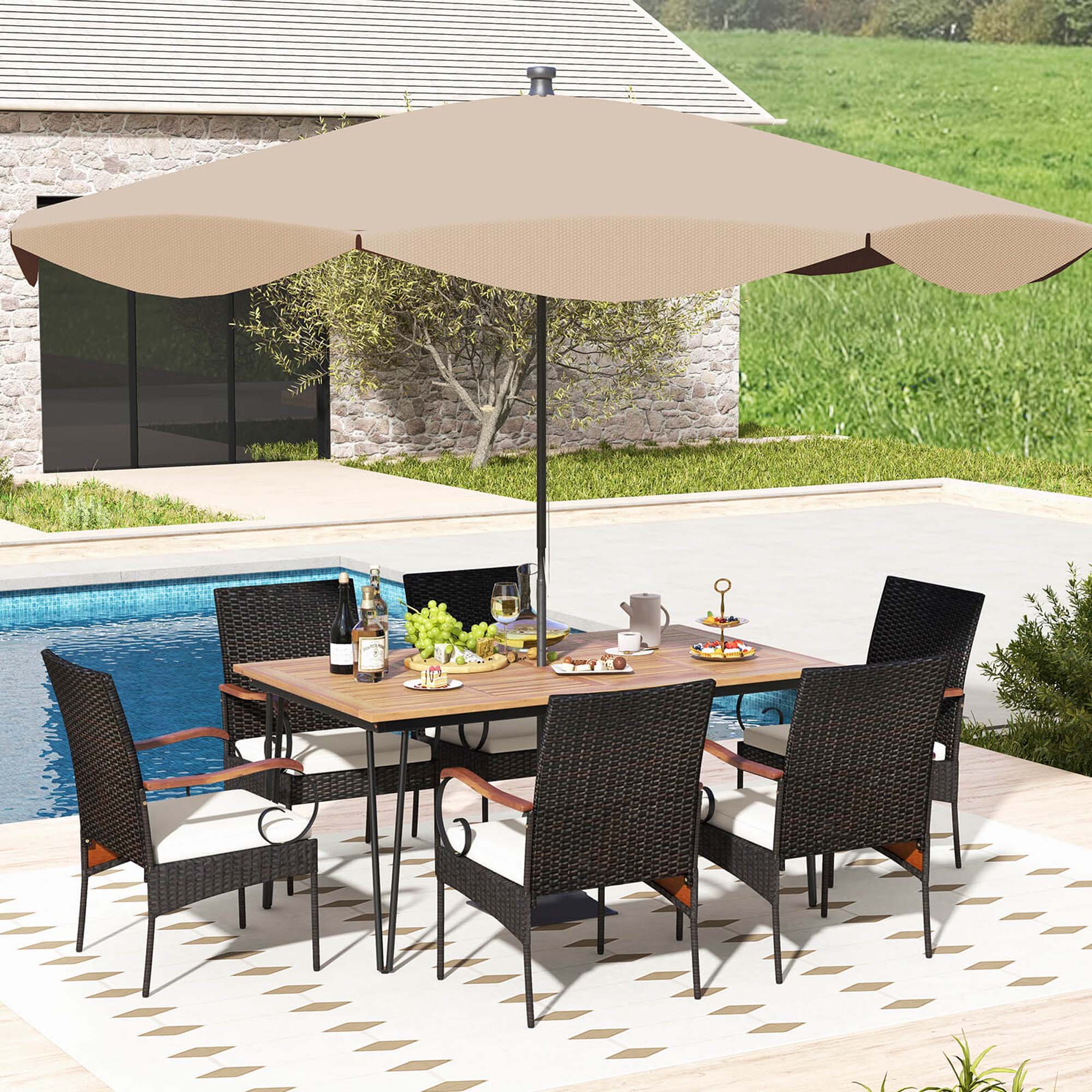 Alt View 1. Costway - 7 PCS Patio Dining Set with Acacia Wood Dining Table Rattan Armchairs Soft Cushions - Natural + Black.