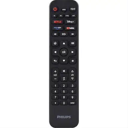 setup input tv a5 b-ray aud NETFLIX Disney+ prime video . YouTube IID ok + vol - ch ch 1 2 3 4 5 6 7 8 9 . 0 enter PHILIPS