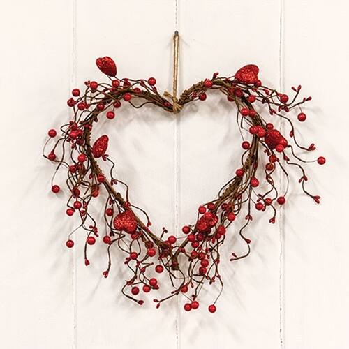 Angle. BreeBe - Red Glitter Heart & Berries Heart Wreath - Red.