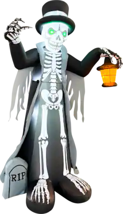 Front. GOOSH Inflatables - GOOSH 8.2FT Inflatable Skeleton with Top Hat and Lantern – Light-Up Halloween Yard Decoration - Black.